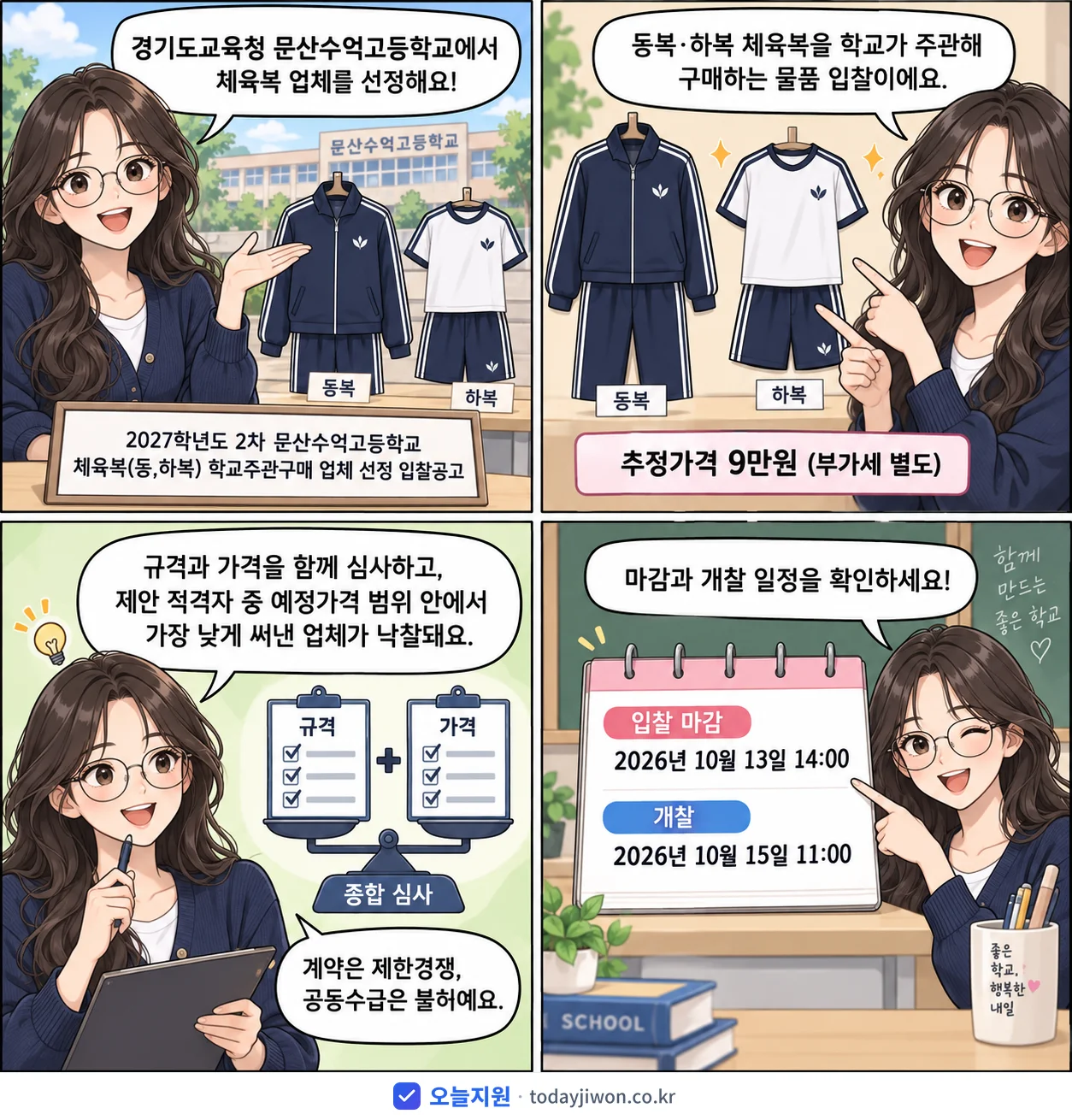 4컷 만화로 보는 공고: 경기도교육청 문산수억고등학교 '학년도 2차 문산수억고등학교 체육복(동,하복) 학교주관구매 업체 선정…', 추정가격 9만원, 입찰 마감 10/13 14:00