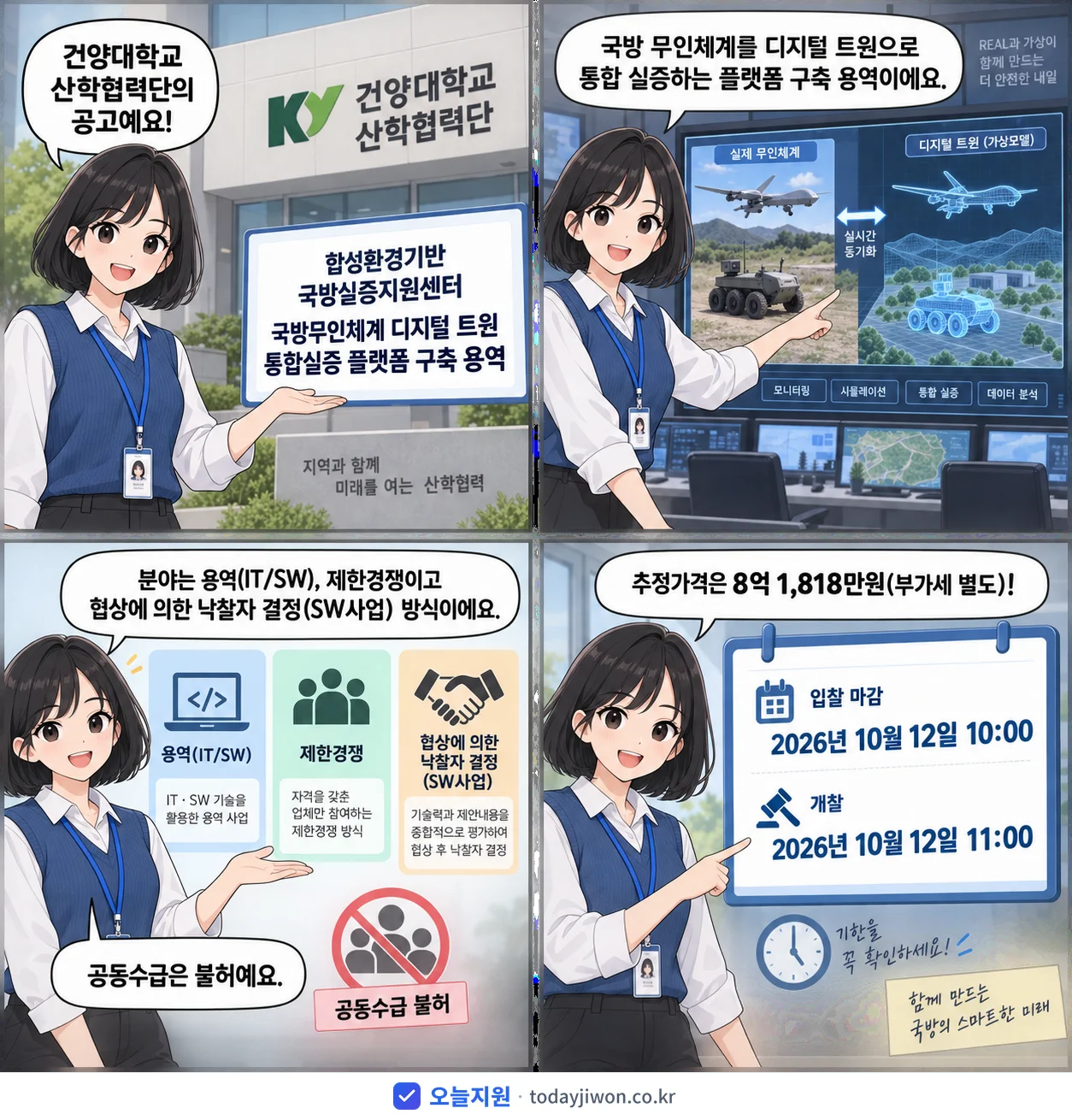 4컷 만화로 보는 공고: 건양대학교 산학협력단 '합성환경기반 국방실증지원센터 국방무인체계 디지털 트윈 통합실증 플랫폼…', 추정가격 8억 1,818만원, 입찰 마감 10/12 10:00