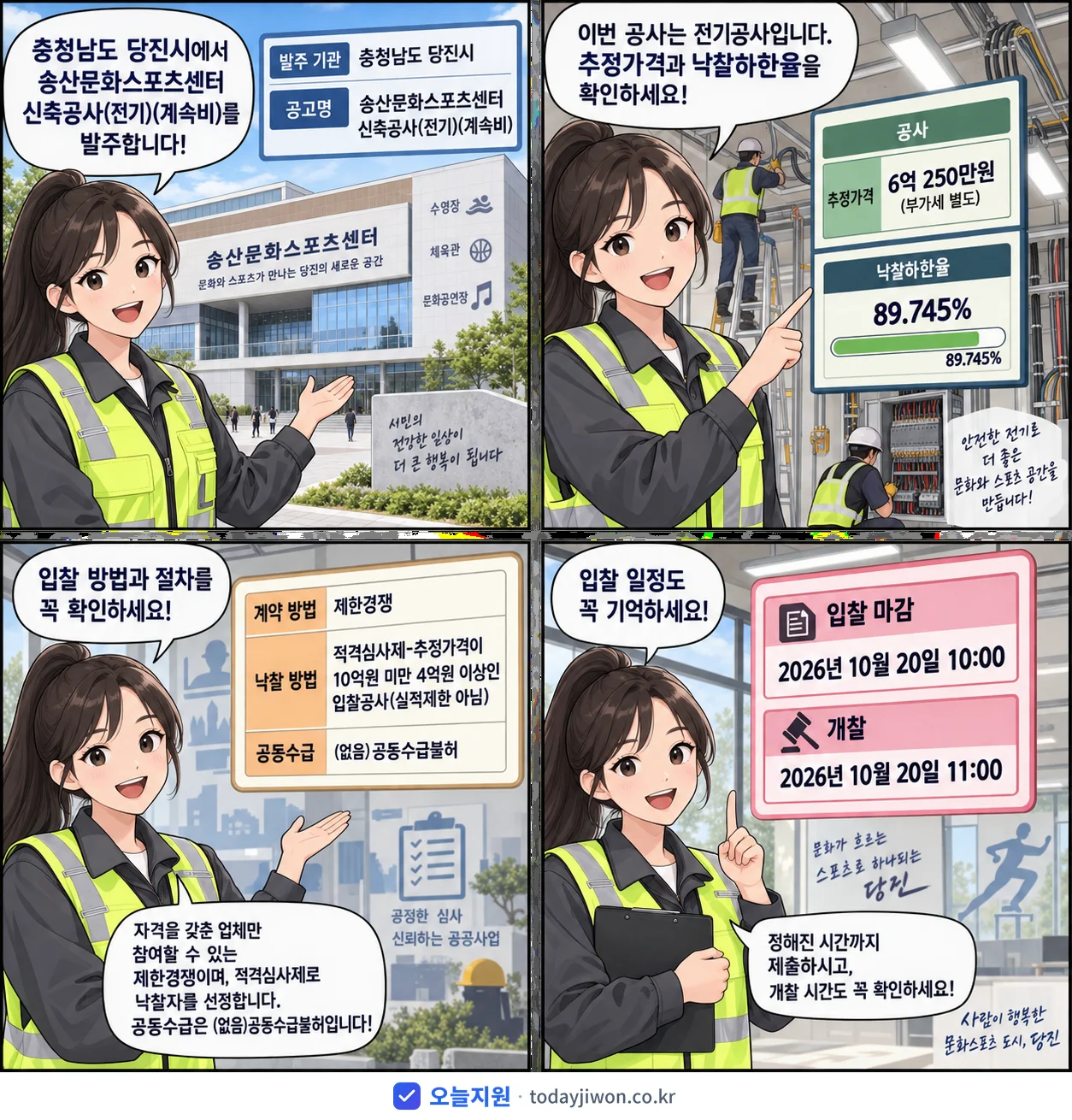 4컷 만화로 보는 공고: 충청남도 당진시 '송산문화스포츠센터 신축공사(전기)(계속비)', 추정가격 6억 250만원, 입찰 마감 10/20 10:00