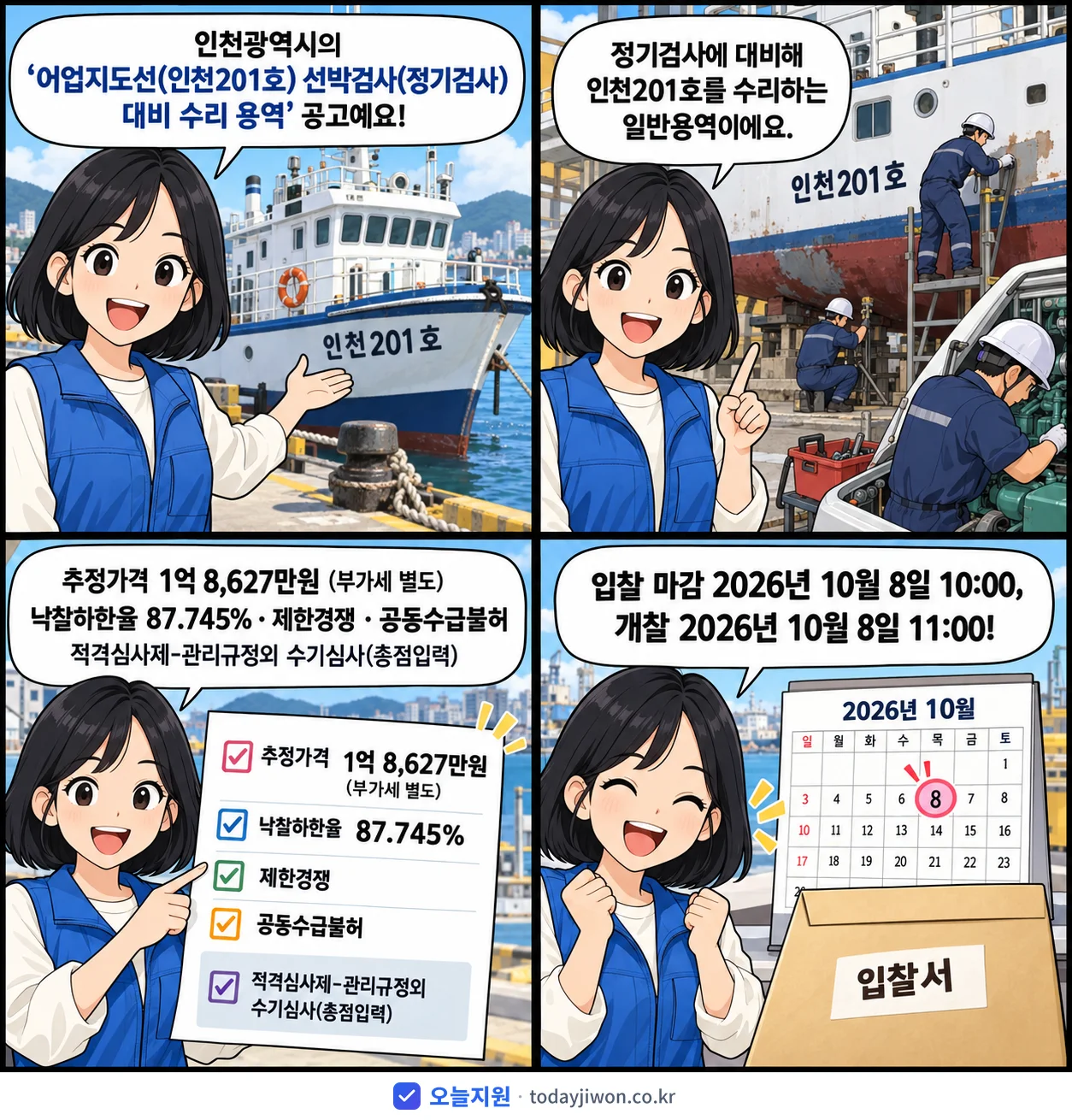 4컷 만화로 보는 공고: 인천광역시 '어업지도선(인천201호) 선박검사(정기검사) 대비 수리 용역', 추정가격 1억 8,627만원, 입찰 마감 10/8 10:00