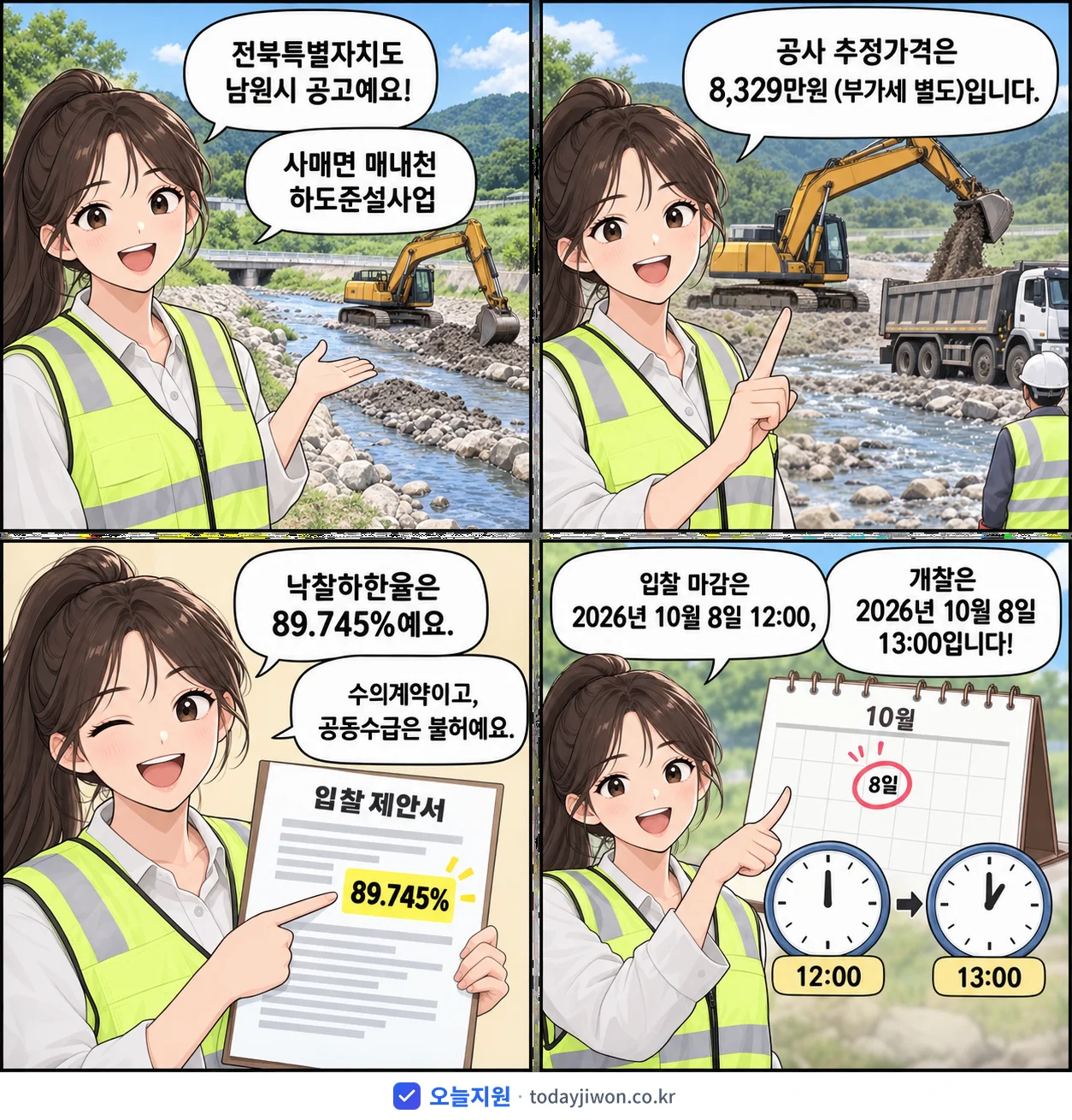 4컷 만화로 보는 공고: 전북특별자치도 남원시 '사매면 매내천 하도준설사업', 추정가격 8,329만원, 입찰 마감 10/8 12:00