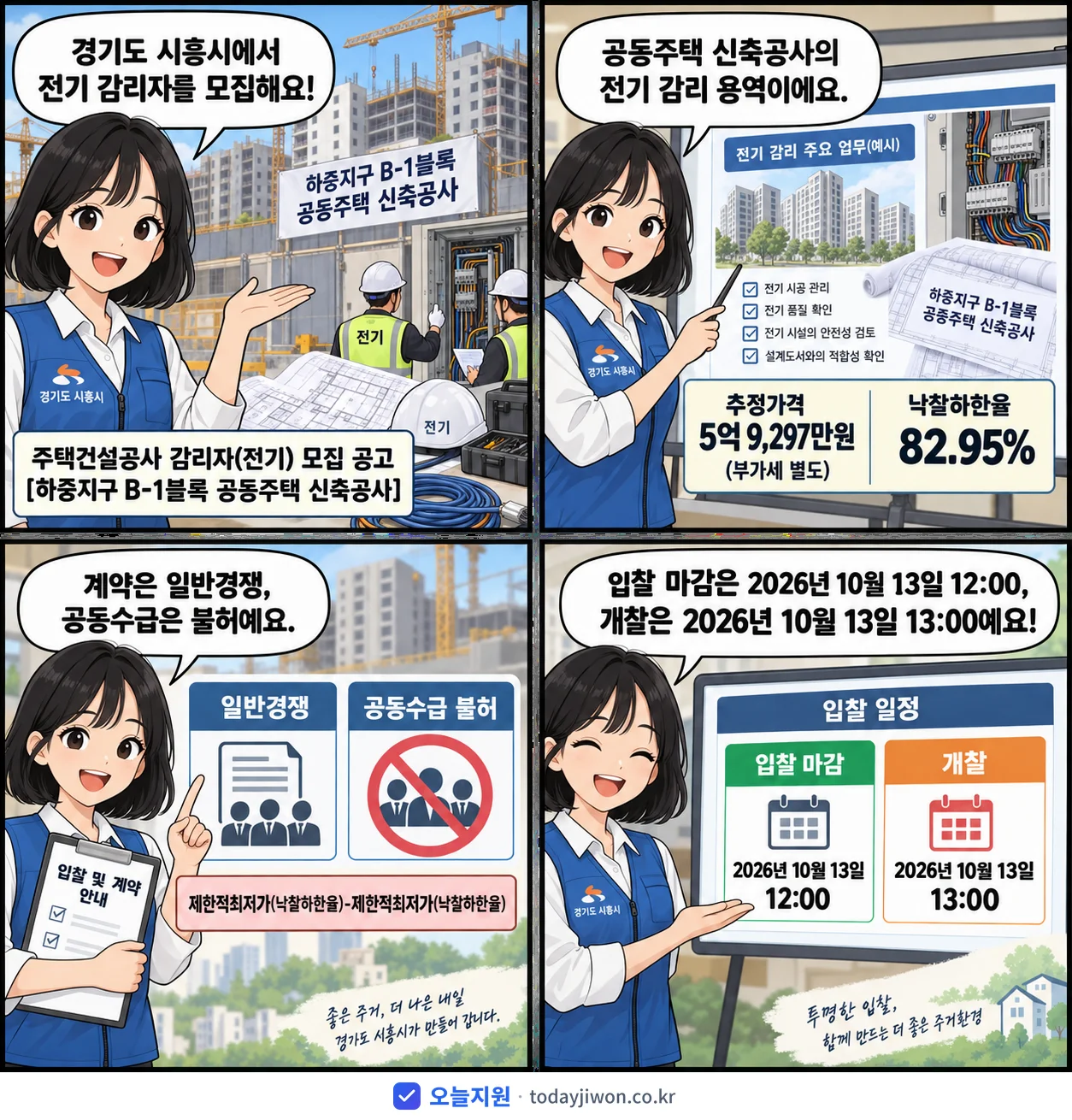 4컷 만화로 보는 공고: 경기도 시흥시 '주택건설공사 감리자(전기) 모집 공고[하중지구 B-1블록 공동주택 신축…', 추정가격 5억 9,297만원, 입찰 마감 10/13 12:00