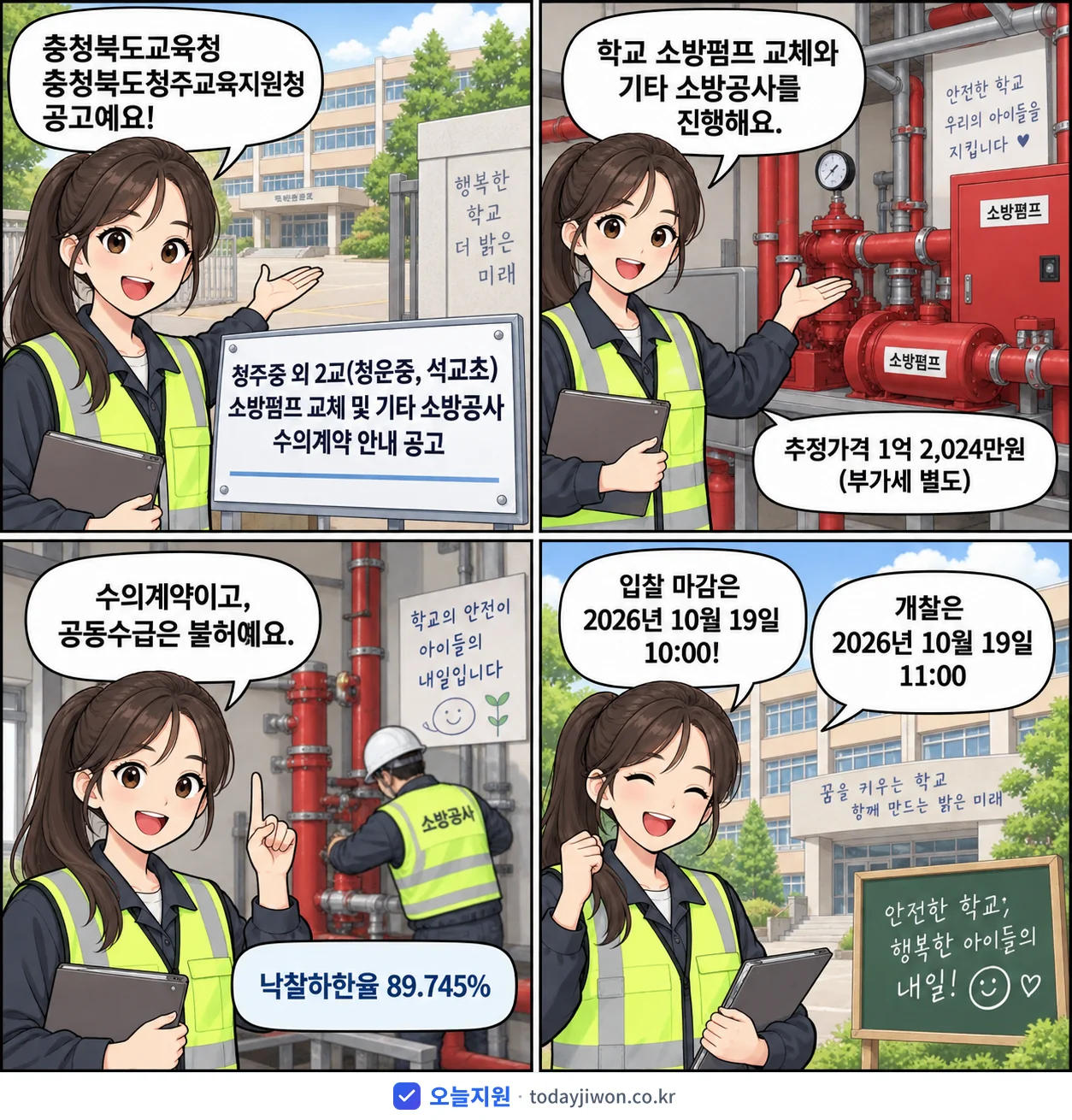 4컷 만화로 보는 공고: 충청북도교육청 충청북도청주교육지원청 '청주중 외 2교(청운중, 석교초) 소방펌프 교체 및 기타 소방공사 수의…', 추정가격 1억 2,024만원, 입찰 마감 10/19 10:00