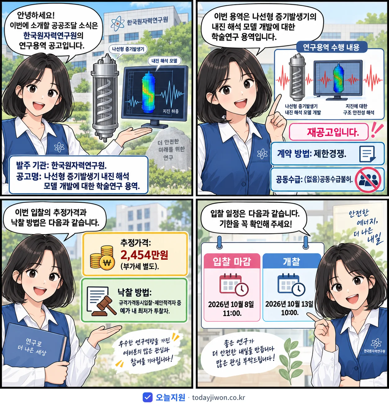 4컷 만화로 보는 공고: 한국원자력연구원 '나선형 증기발생기 내진 해석 모델 개발에 대한 학술연구 용역', 추정가격 2,454만원, 입찰 마감 10/8 11:00
