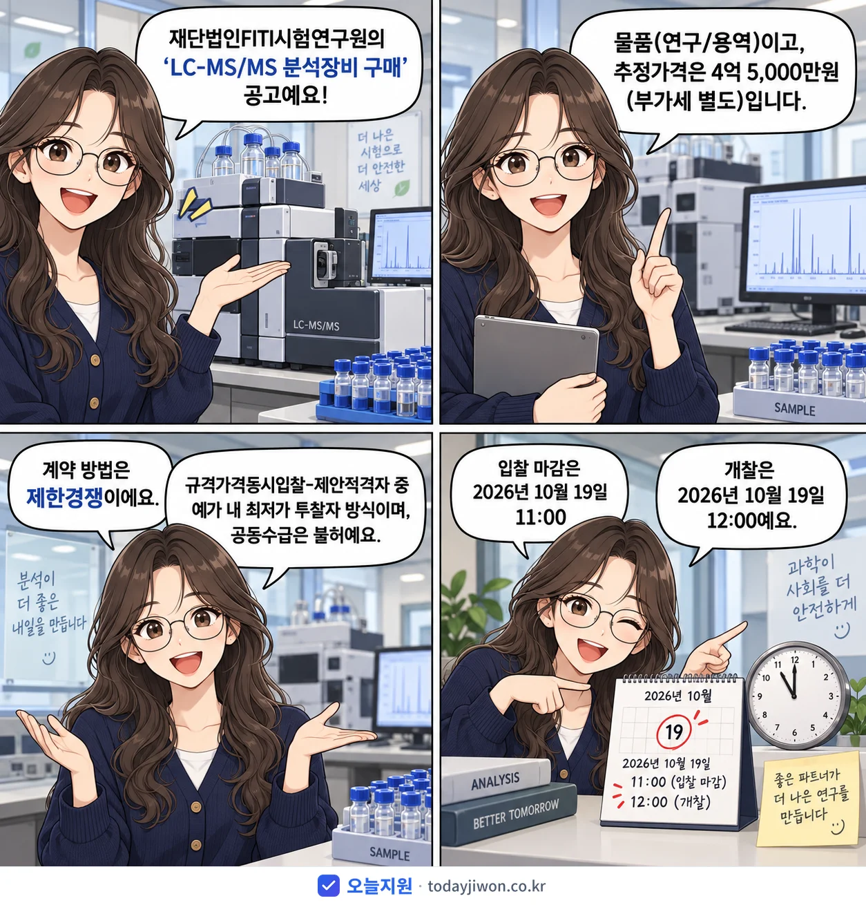 4컷 만화로 보는 공고: 재단법인FITI시험연구원 'LC-MS/MS 분석장비 구매', 추정가격 4억 5,000만원, 입찰 마감 10/19 11:00