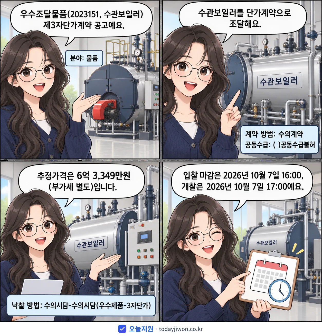 4컷 만화로 보는 공고: '우수조달물품(2023151, 수관보일러) 제3자단가계약', 추정가격 6억 3,349만원, 입찰 마감 10/7 16:00