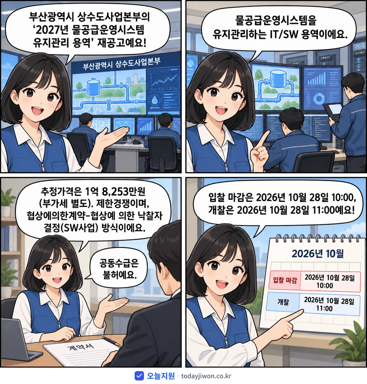 4컷 만화로 보는 공고: 부산광역시 상수도사업본부 '물공급운영시스템 유지관리 용역', 추정가격 1억 8,253만원, 입찰 마감 10/28 10:00