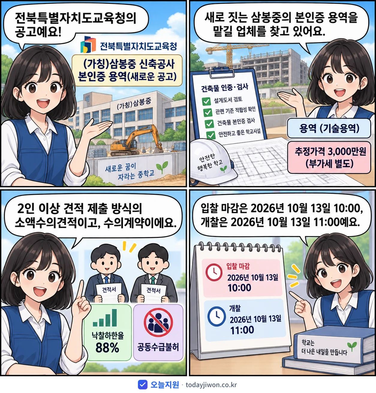 4컷 만화로 보는 공고: 전북특별자치도교육청 '(가칭)삼봉중 신축공사 본인증 용역(새로운 공고)', 추정가격 3,000만원, 입찰 마감 10/13 10:00