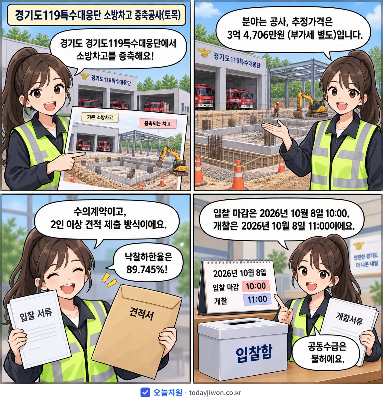 4컷 만화로 보는 공고: 경기도 경기도119특수대응단 '경기도119특수대응단 소방차고 증축공사(토목)', 추정가격 3억 4,706만원, 입찰 마감 10/8 10:00