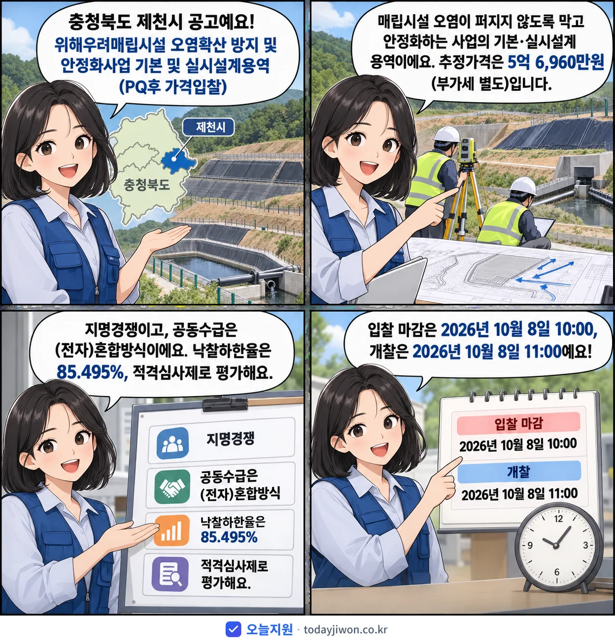 4컷 만화로 보는 공고: 충청북도 제천시 '위해우려매립시설 오염확산 방지 및 안정화사업 기본 및 실시설계용역(PQ…', 추정가격 5억 6,960만원, 입찰 마감 10/8 10:00