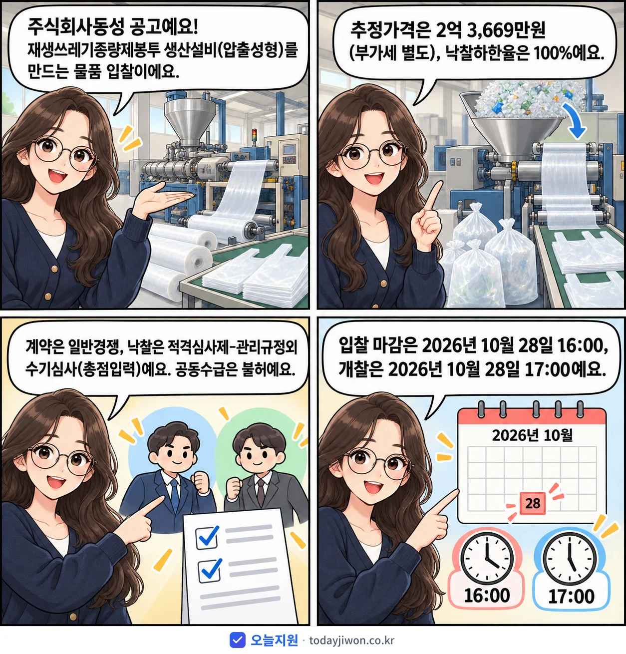 4컷 만화로 보는 공고: 주식회사동성 '재생쓰레기종량제봉투 생산설비(압출성형)', 추정가격 2억 3,669만원, 입찰 마감 10/28 16:00