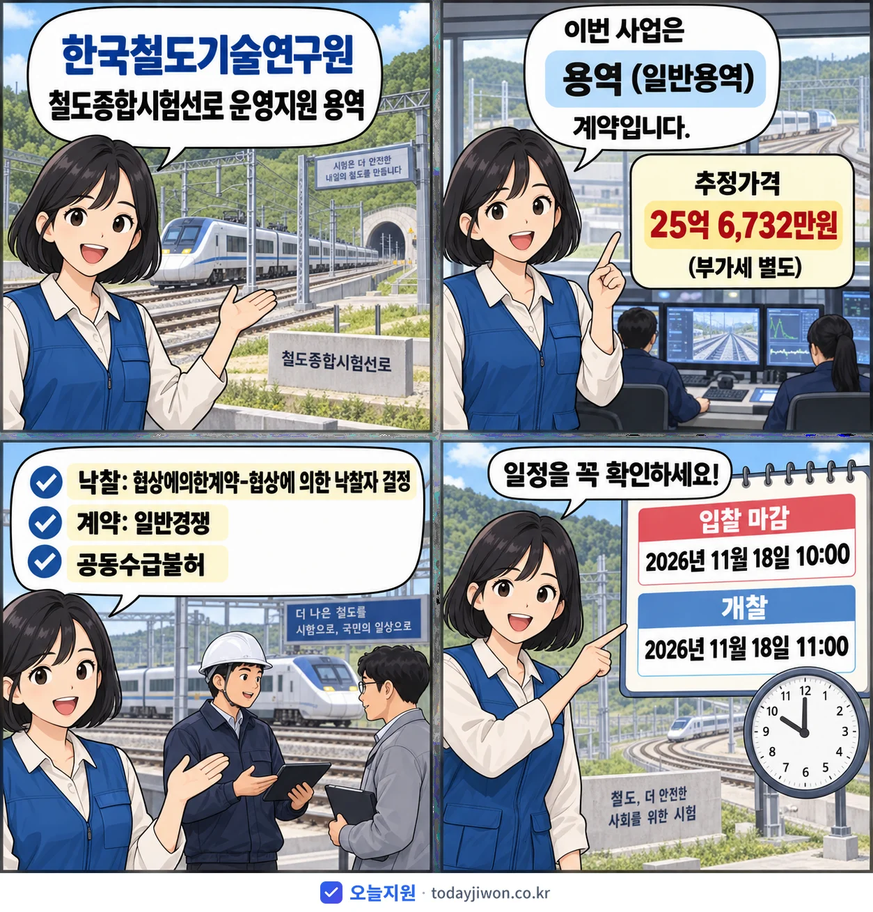 4컷 만화로 보는 공고: 한국철도기술연구원 '철도종합시험선로 운영지원 용역', 추정가격 25억 6,732만원, 입찰 마감 11/18 10:00