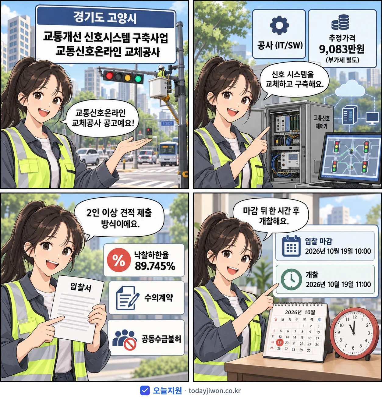 4컷 만화로 보는 공고: 경기도 고양시 '교통개선 신호시스템 구축사업 교통신호온라인 교체공사', 추정가격 9,083만원, 입찰 마감 10/19 10:00