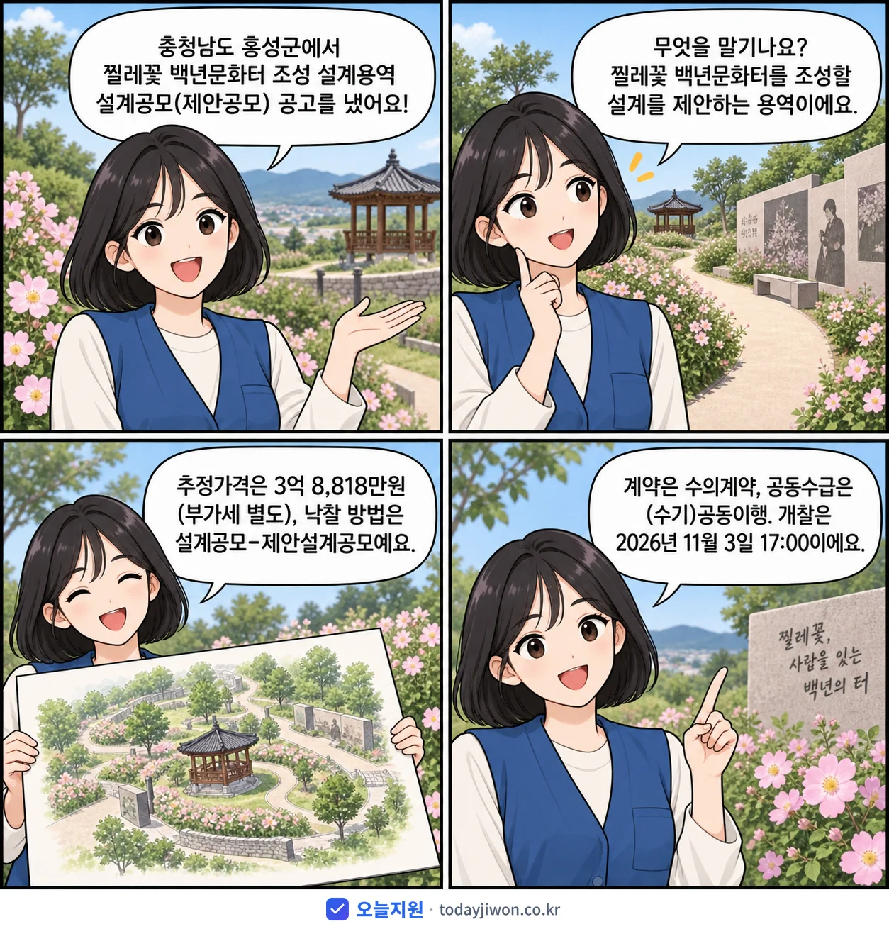 4컷 만화로 보는 공고: 충청남도 홍성군 '찔레꽃 백년문화터 조성 설계용역 설계공모(제안공모) 공고', 추정가격 3억 8,818만원