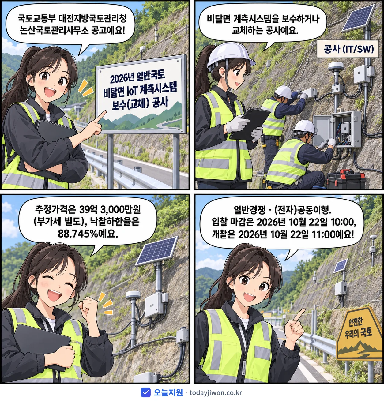 4컷 만화로 보는 공고: 국토교통부 대전지방국토관리청 논산국토관리사무소 '일반국토 비탈면 IoT 계측시스템 보수(교체) 공사', 추정가격 39억 3,000만원, 입찰 마감 10/22 10:00