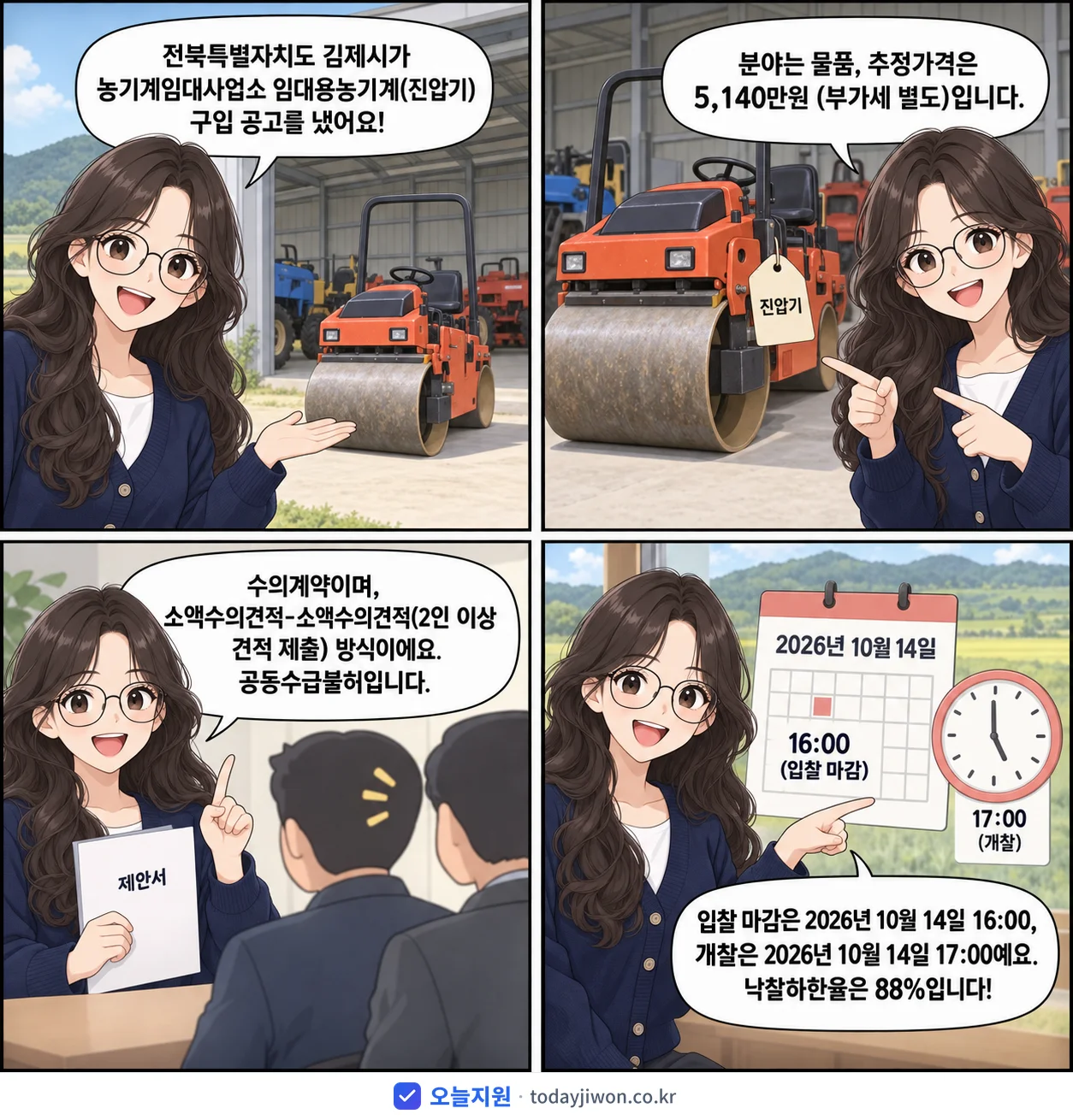4컷 만화로 보는 공고: 전북특별자치도 김제시 '농기계임대사업소 임대용농기계(진압기) 구입', 추정가격 5,140만원, 입찰 마감 10/14 16:00