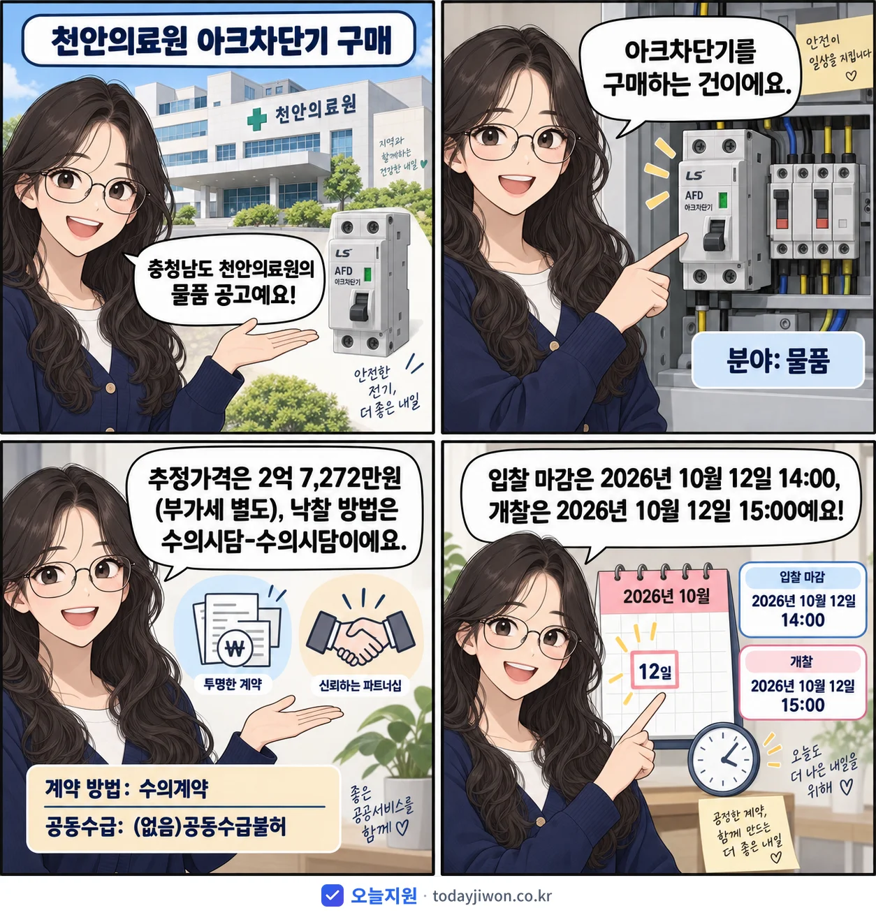 4컷 만화로 보는 공고: 충청남도 천안의료원 '천안의료원 아크차단기 구매', 추정가격 2억 7,272만원, 입찰 마감 10/12 14:00