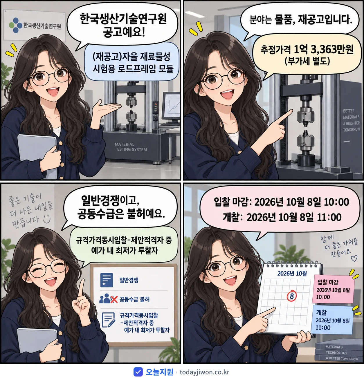 4컷 만화로 보는 공고: 한국생산기술연구원 '자율 재료물성 시험용 로드프레임 모듈', 추정가격 1억 3,363만원, 입찰 마감 10/8 10:00