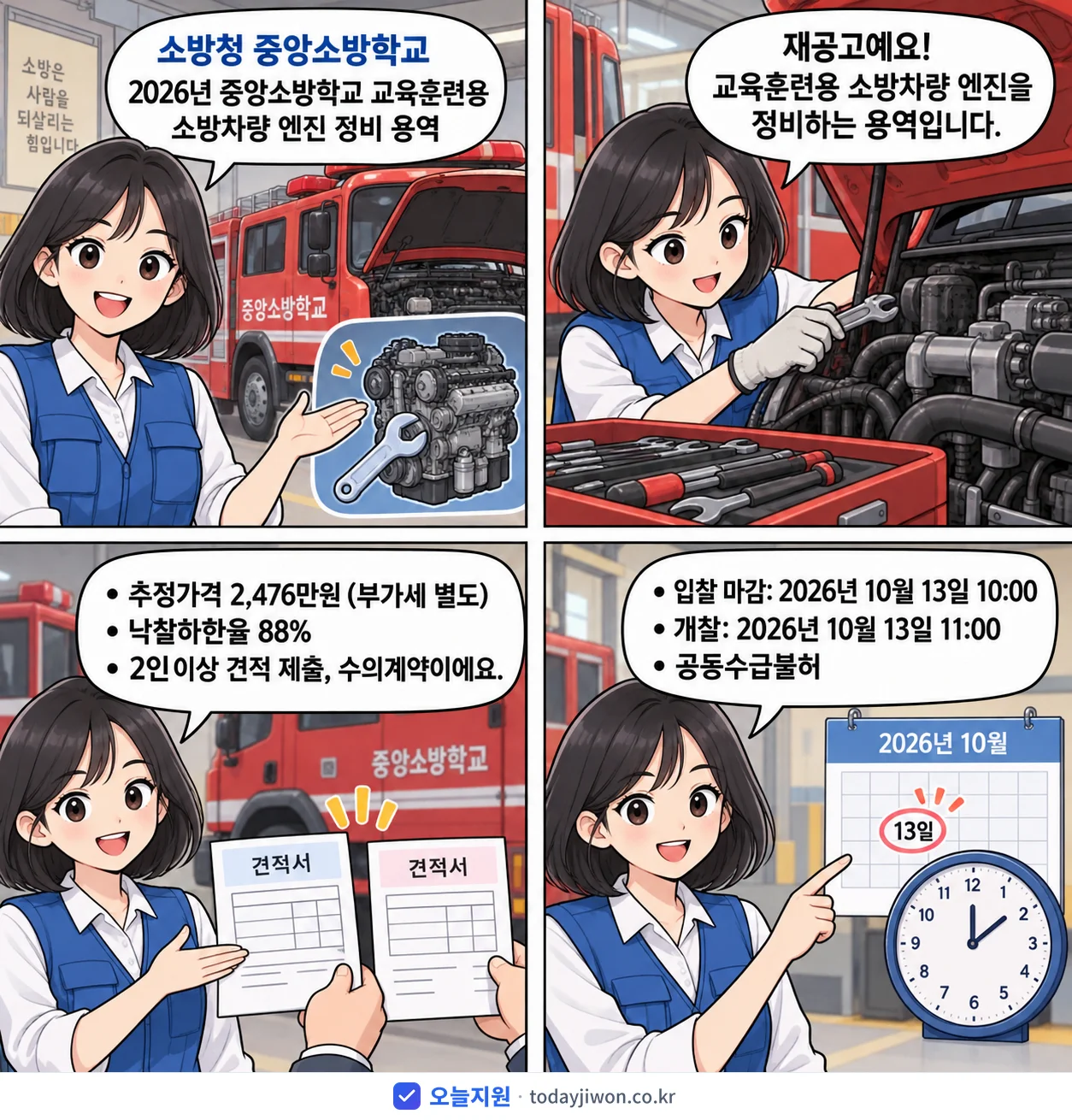 4컷 만화로 보는 공고: 소방청 중앙소방학교 '중앙소방학교 교육훈련용 소방차량 엔진 정비 용역', 추정가격 2,476만원, 입찰 마감 10/13 10:00