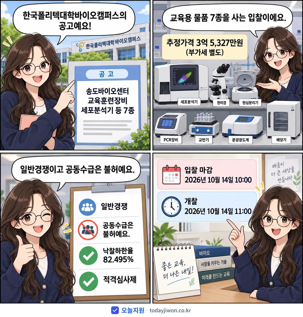 4컷 만화로 보는 공고: 한국폴리텍대학바이오캠퍼스 '송도바이오센터 교육훈련장비 세포분석기 등 7종', 추정가격 3억 5,327만원, 입찰 마감 10/14 10:00