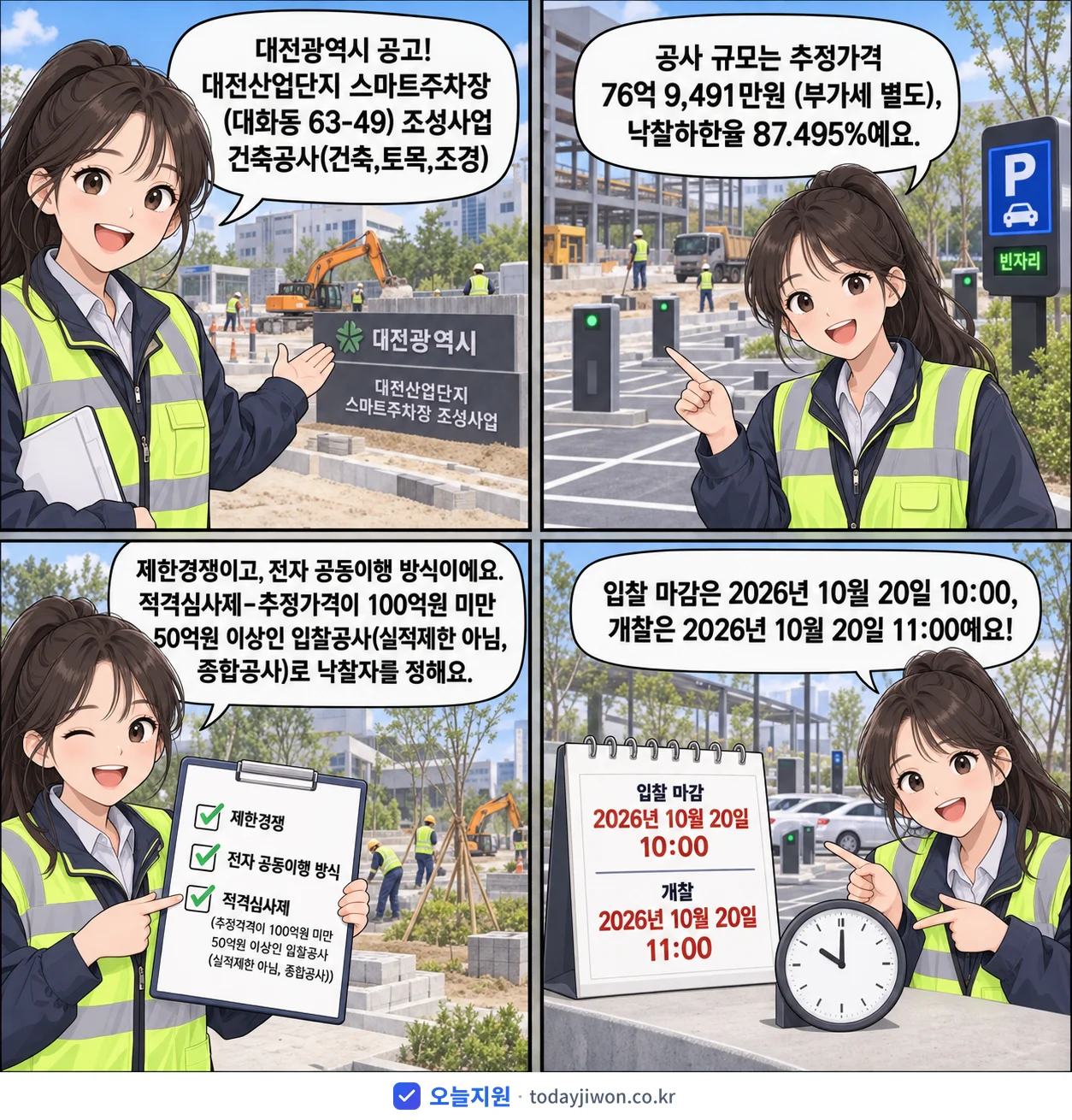 4컷 만화로 보는 공고: 대전광역시 '대전산업단지 스마트주차장(대화동 63-49) 조성사업 건축공사(건축,토…', 추정가격 76억 9,491만원, 입찰 마감 10/20 10:00