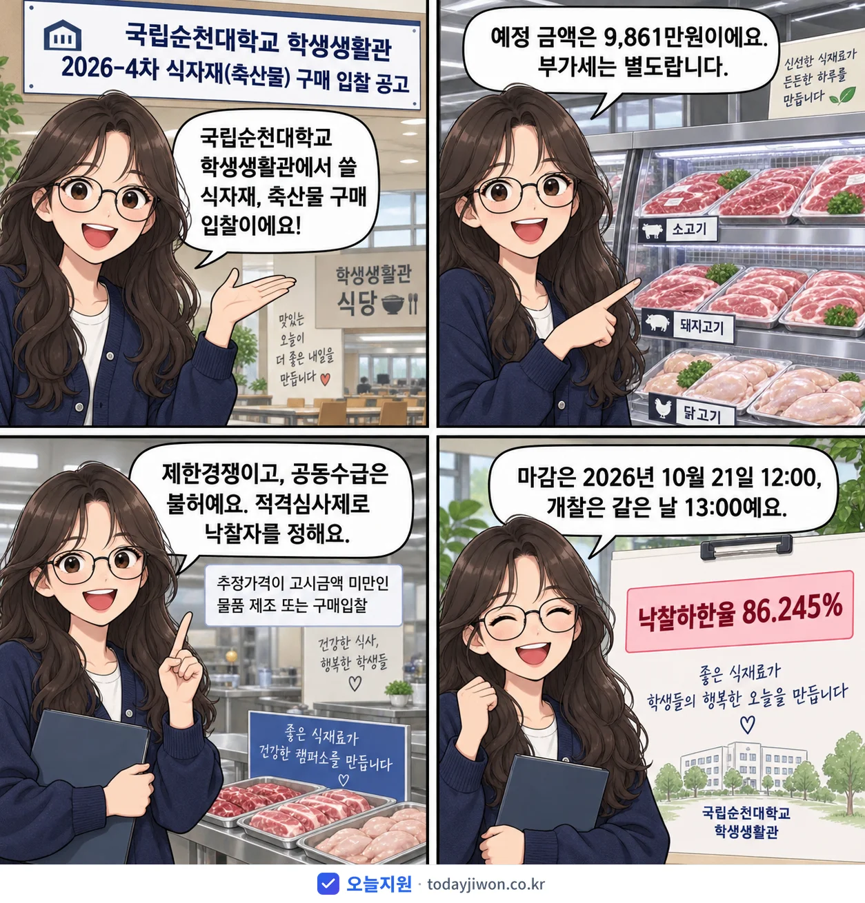4컷 만화로 보는 공고: 국립순천대학교 '국립순천대학교 학생생활관 2026-4차 식자재(축산물) 구매 입찰 공고', 추정가격 9,861만원, 입찰 마감 10/21 12:00