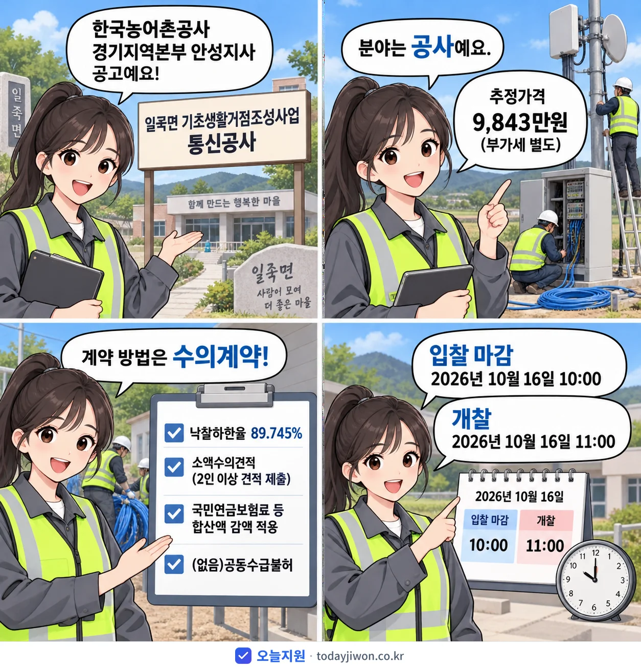 4컷 만화로 보는 공고: 한국농어촌공사 경기지역본부 안성지사 '일죽면 기초생활거점조성사업 통신공사', 추정가격 9,843만원, 입찰 마감 10/16 10:00