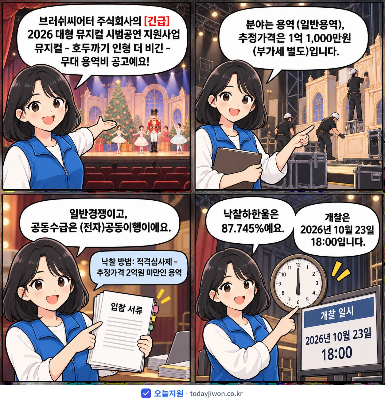 4컷 만화로 보는 공고: 브러쉬씨어터 주식회사 '대형 뮤지컬 시범공연 지원사업 뮤지컬 - 호두까기 인형 더 비긴 - 무…', 추정가격 1억 1,000만원