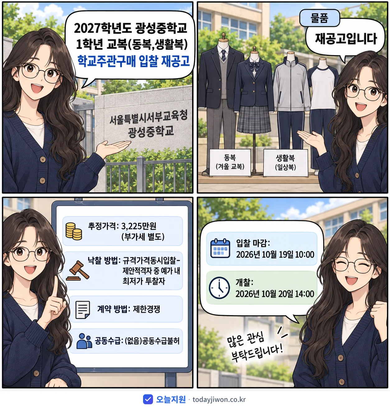 4컷 만화로 보는 공고: 서울특별시서부교육청 광성중학교 '학년도 광성중학교 1학년 교복(동복,생활복) 학교주관구매 입찰 재공고', 추정가격 3,225만원, 입찰 마감 10/19 10:00
