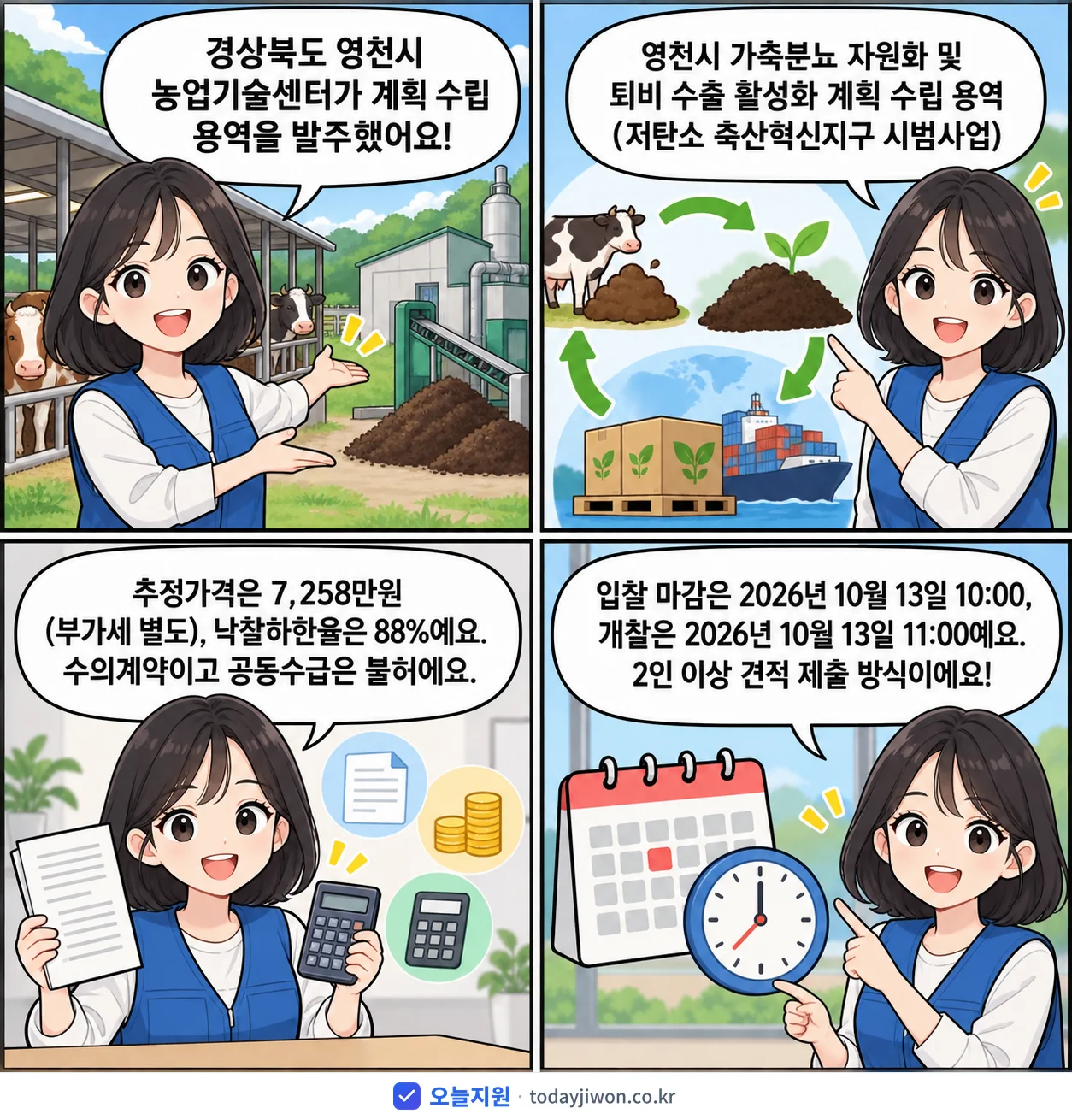 4컷 만화로 보는 공고: 경상북도 영천시 농업기술센터 '영천시 가축분뇨 자원화 및 퇴비 수출 활성화 계획 수립 용역 (저탄소…', 추정가격 7,258만원, 입찰 마감 10/13 10:00