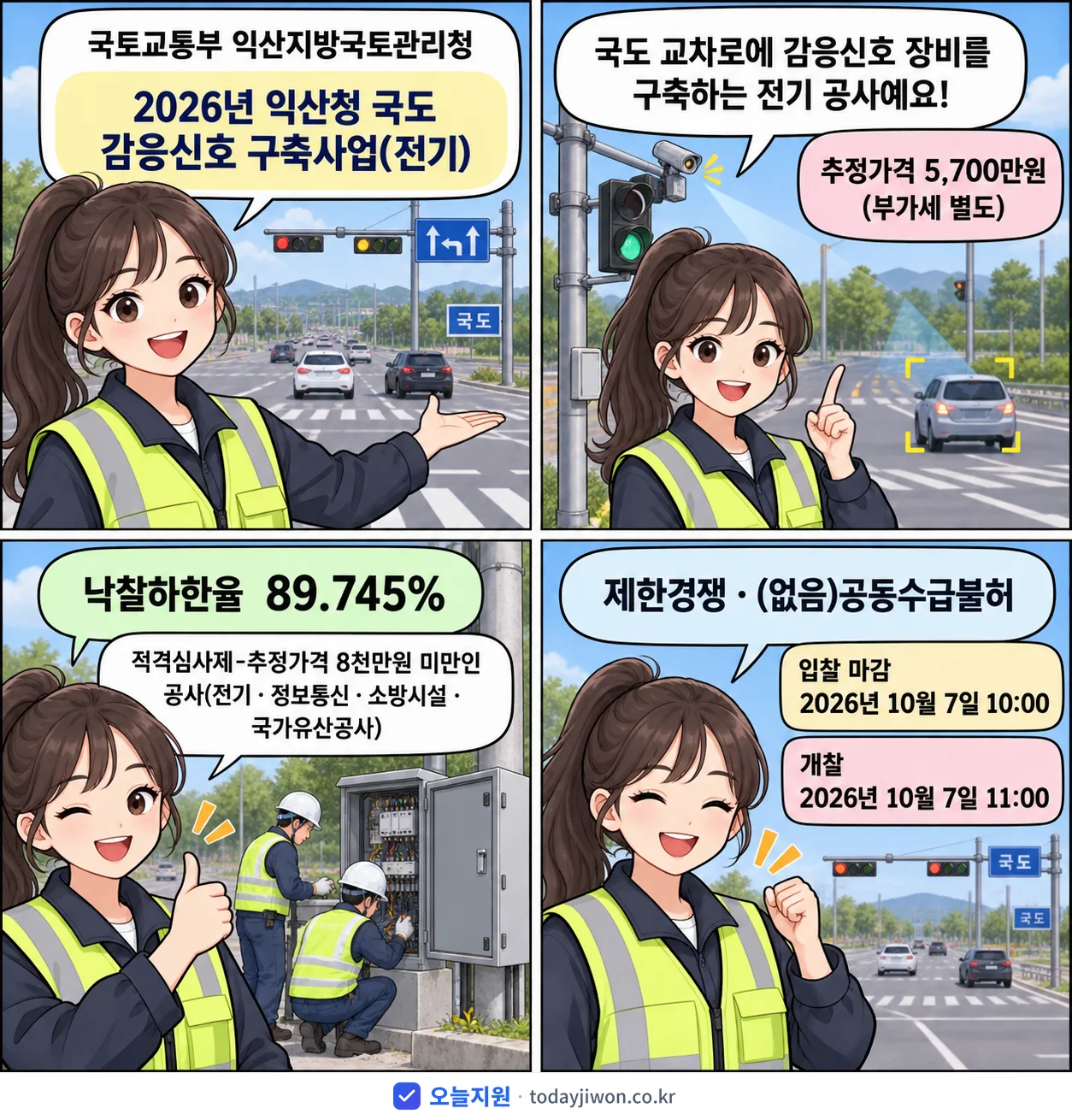 4컷 만화로 보는 공고: 국토교통부 익산지방국토관리청 '익산청 국도 감응신호 구축사업(전기)', 추정가격 5,700만원, 입찰 마감 10/7 10:00