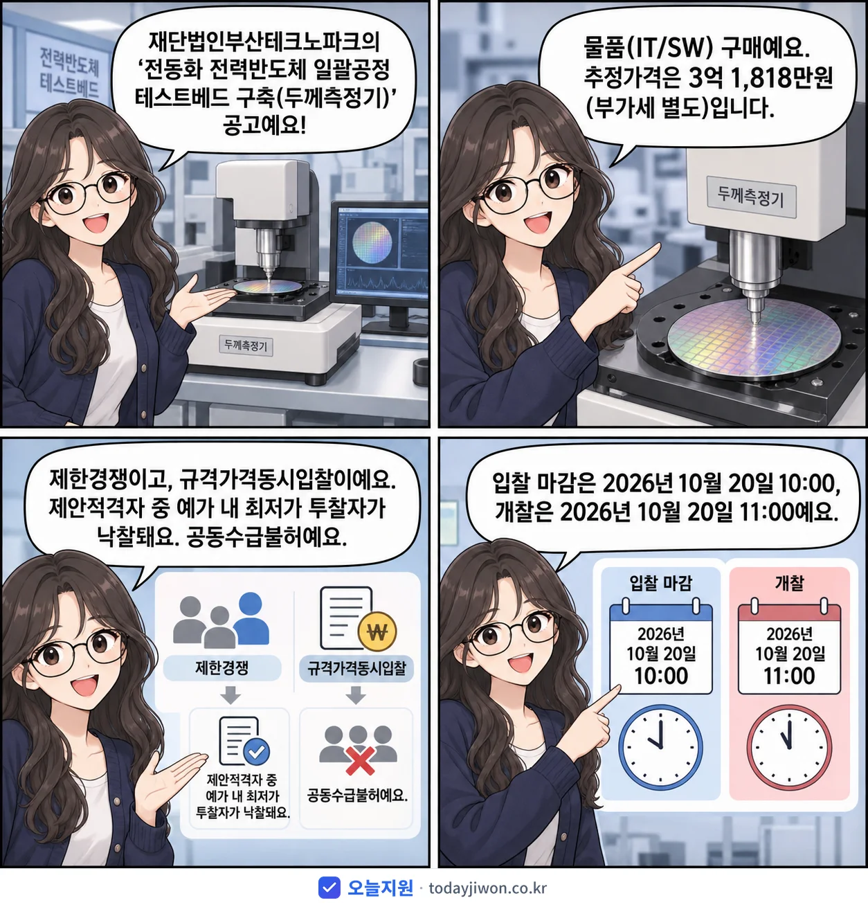 4컷 만화로 보는 공고: 재단법인부산테크노파크 '전동화 전력반도체 일괄공정 테스트베드 구축(두께측정기)', 추정가격 3억 1,818만원, 입찰 마감 10/20 10:00