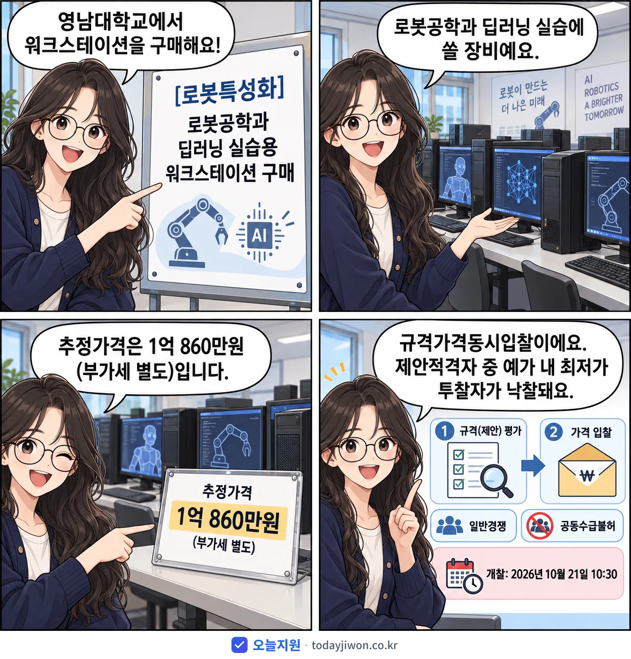 4컷 만화로 보는 공고: 영남대학교 '로봇공학과 딥러닝 실습용 워크스테이션 구매', 추정가격 1억 860만원