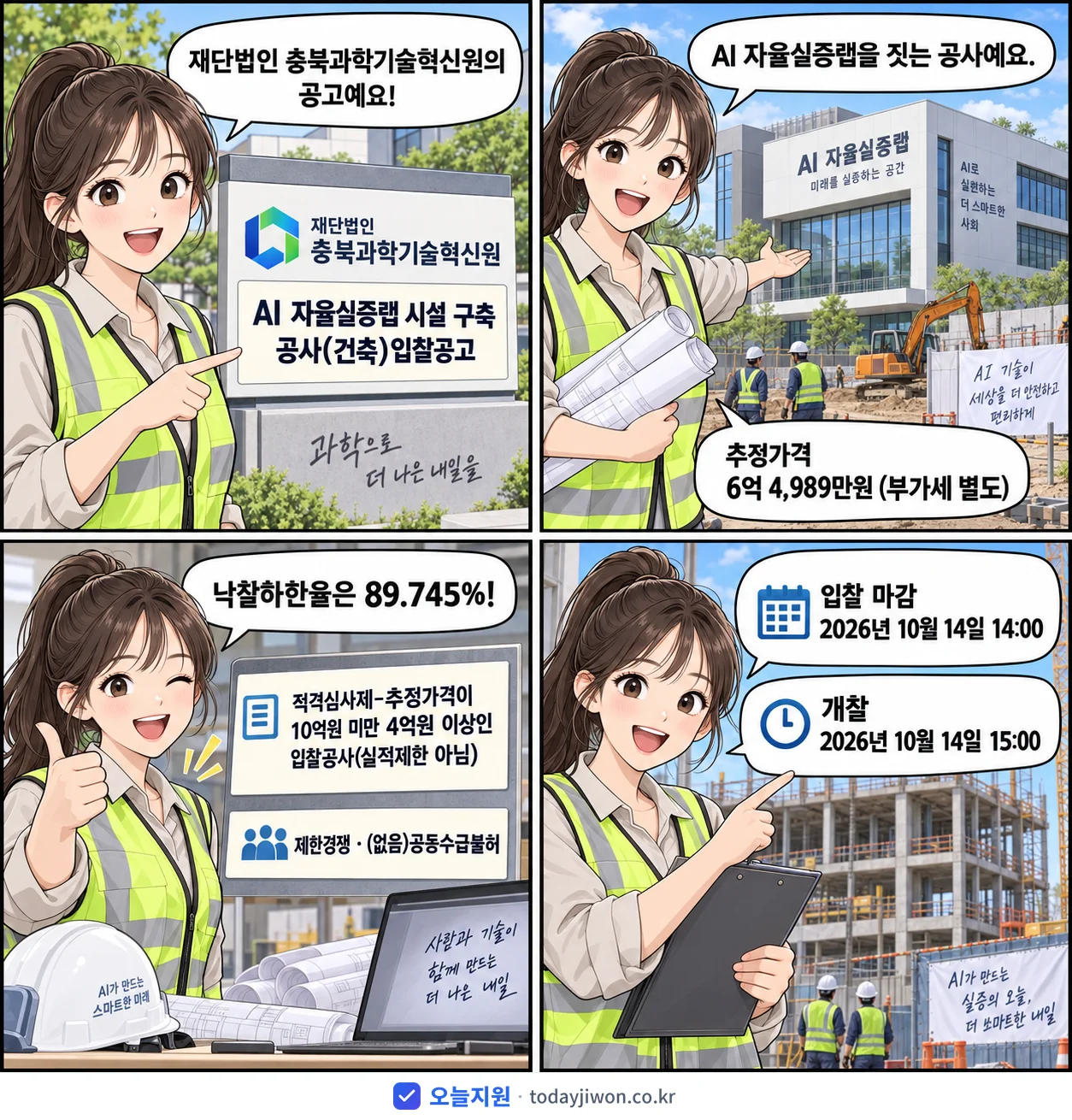 4컷 만화로 보는 공고: 재단법인 충북과학기술혁신원 'AI 자율실증랩 시설 구축 공사(건축)입찰공고', 추정가격 6억 4,989만원, 입찰 마감 10/14 14:00