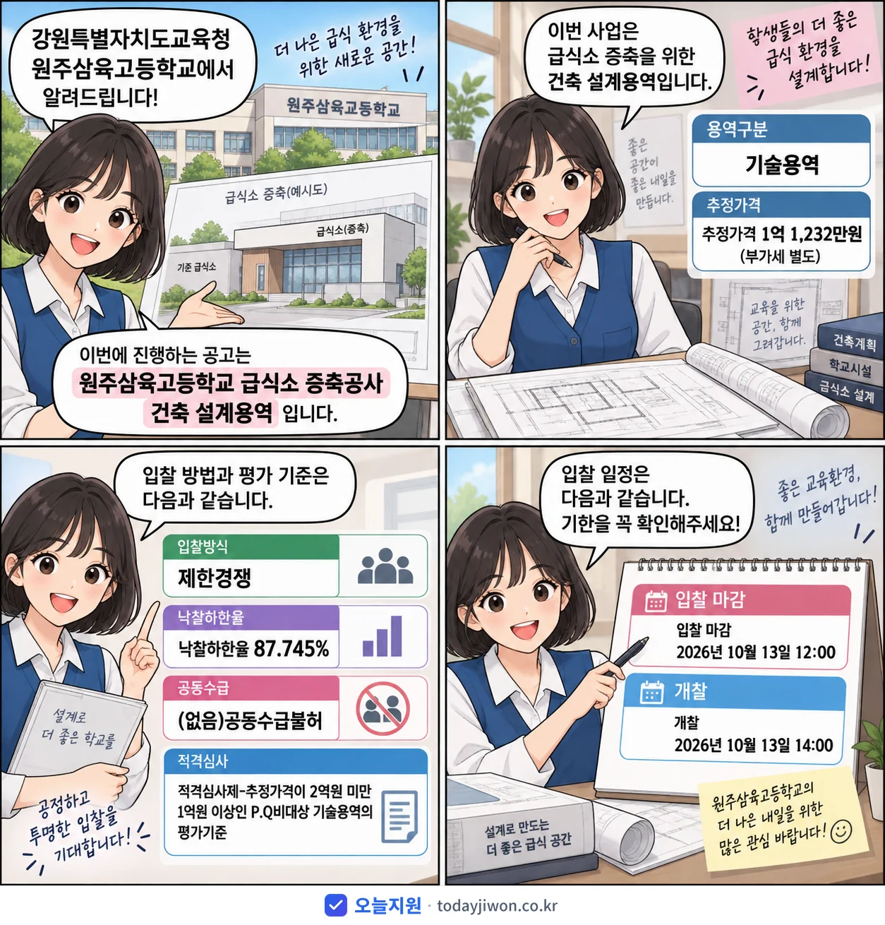4컷 만화로 보는 공고: 강원특별자치도교육청 원주삼육고등학교 '원주삼육고등학교 급식소 증축공사 건축 설계용역', 추정가격 1억 1,232만원, 입찰 마감 10/13 12:00