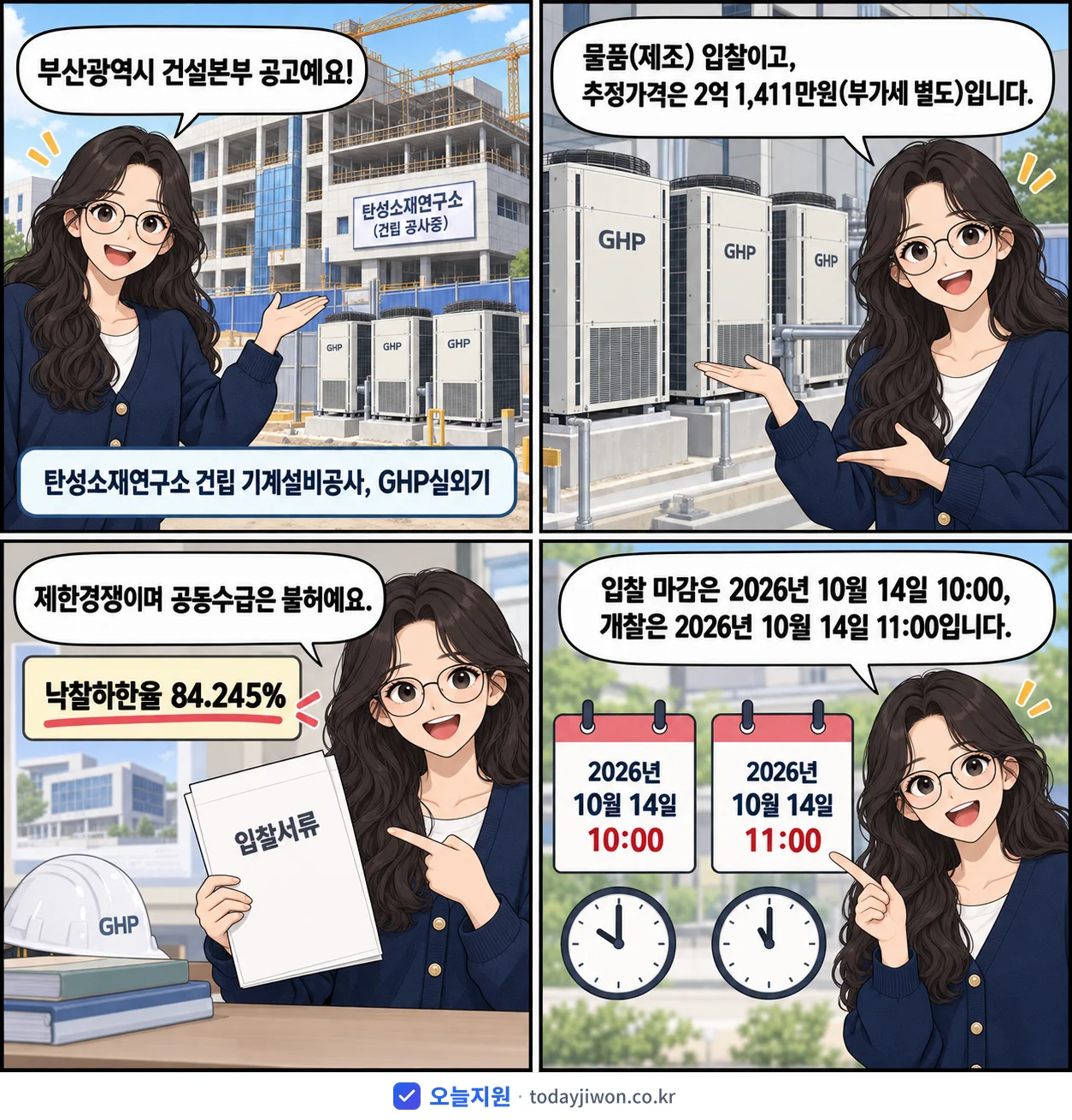 4컷 만화로 보는 공고: 부산광역시 건설본부 '탄성소재연구소 건립 기계설비공사, GHP실외기', 추정가격 2억 1,411만원, 입찰 마감 10/14 10:00