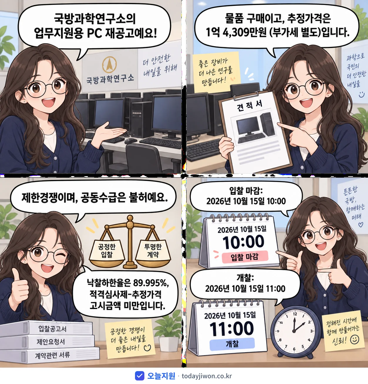 4컷 만화로 보는 공고: 국방과학연구소 '업무지원용 PC', 추정가격 1억 4,309만원, 입찰 마감 10/15 10:00