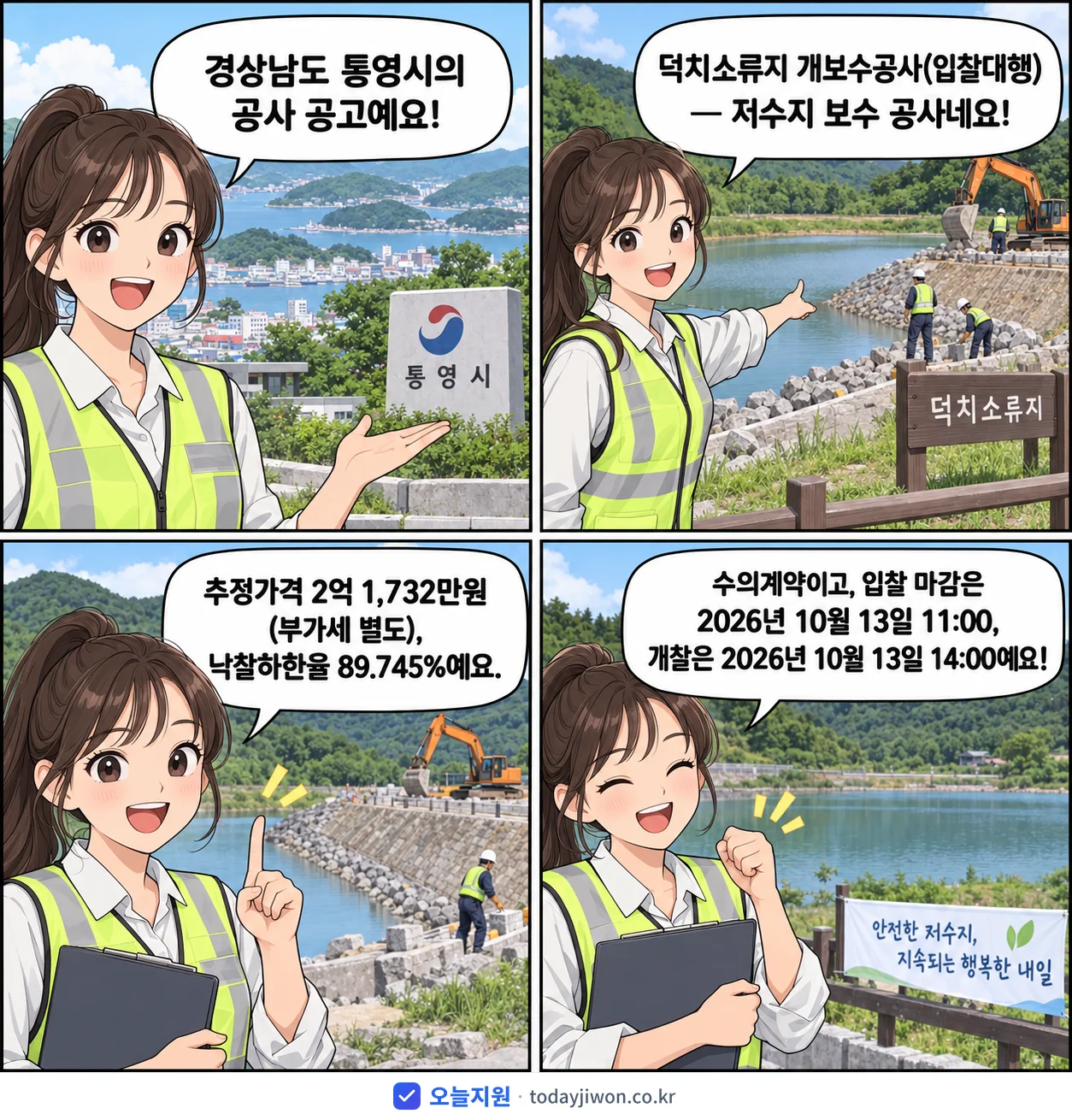 4컷 만화로 보는 공고: 경상남도 통영시 '덕치소류지 개보수공사(입찰대행)', 추정가격 2억 1,732만원, 입찰 마감 10/13 11:00