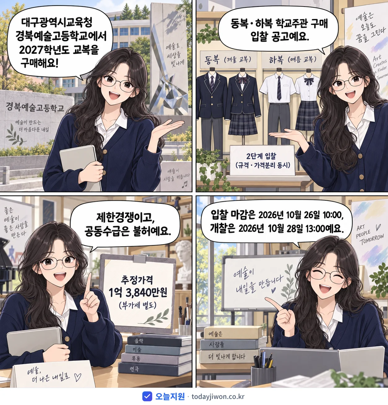 4컷 만화로 보는 공고: 대구광역시교육청 경북예술고등학교 '학년도 경북예술고등학교 교복 (동복·하복) 학교주관 구매 입찰 공고 […', 추정가격 1억 3,840만원, 입찰 마감 10/26 10:00
