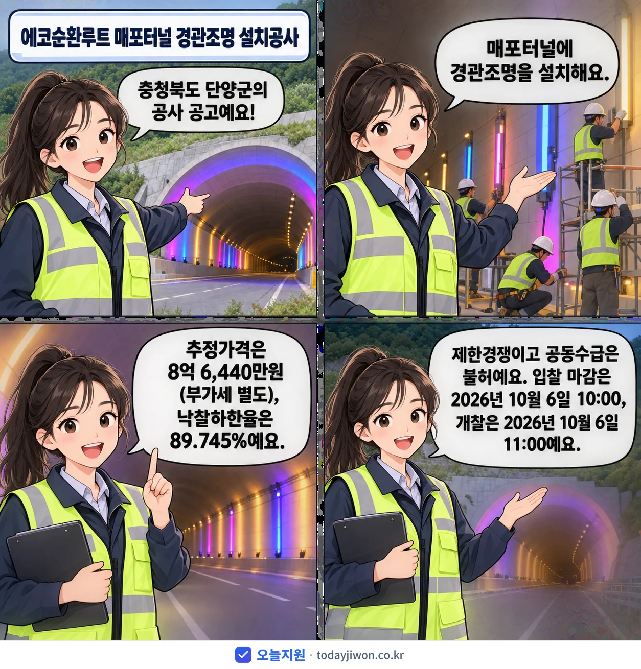 4컷 만화로 보는 공고: 충청북도 단양군 '에코순환루트 매포터널 경관조명 설치공사', 추정가격 8억 6,440만원, 입찰 마감 10/6 10:00