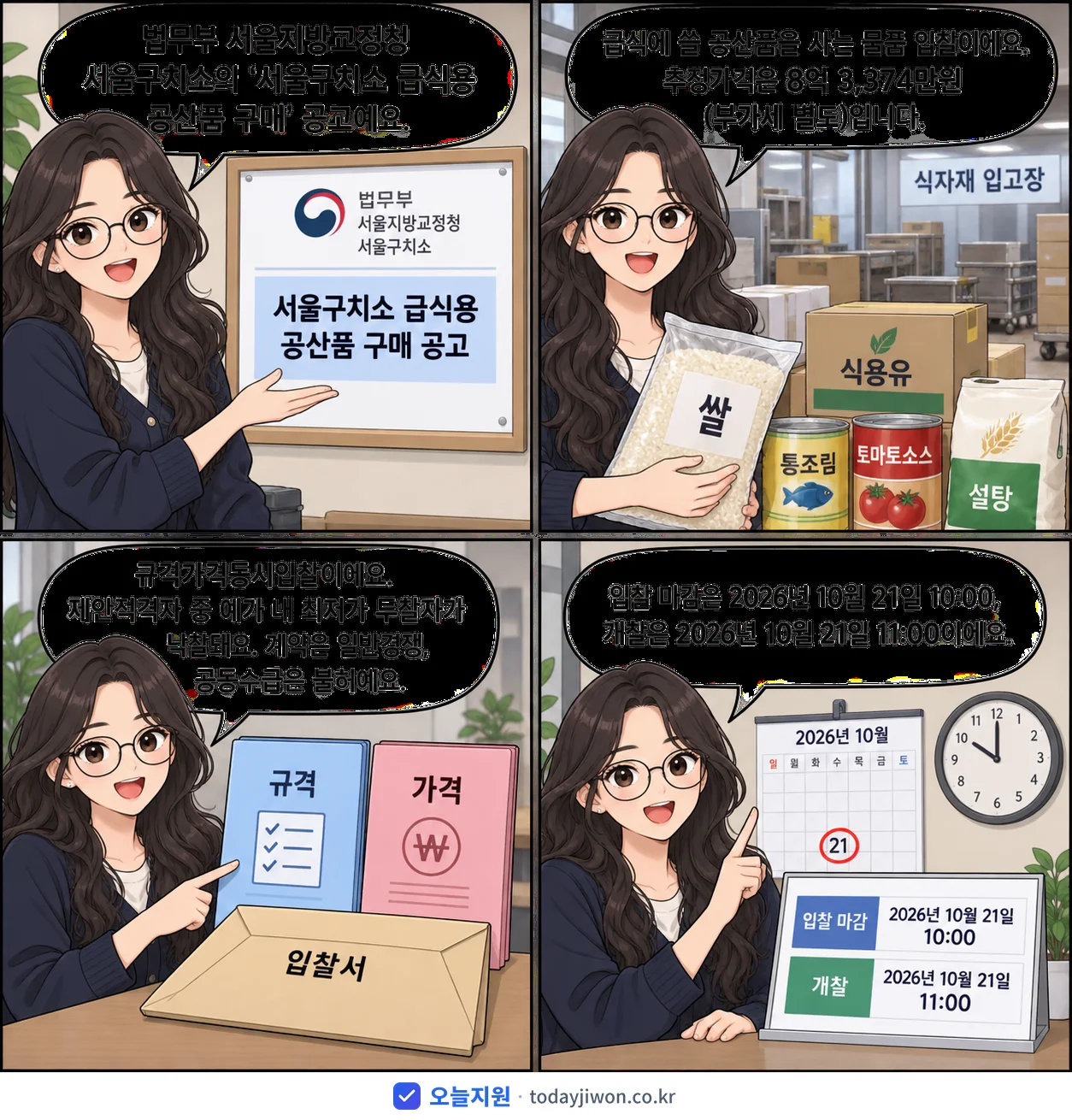 4컷 만화로 보는 공고: 법무부 서울지방교정청 서울구치소 '서울구치소 급식용 공산품 구매', 추정가격 8억 3,374만원, 입찰 마감 10/21 10:00