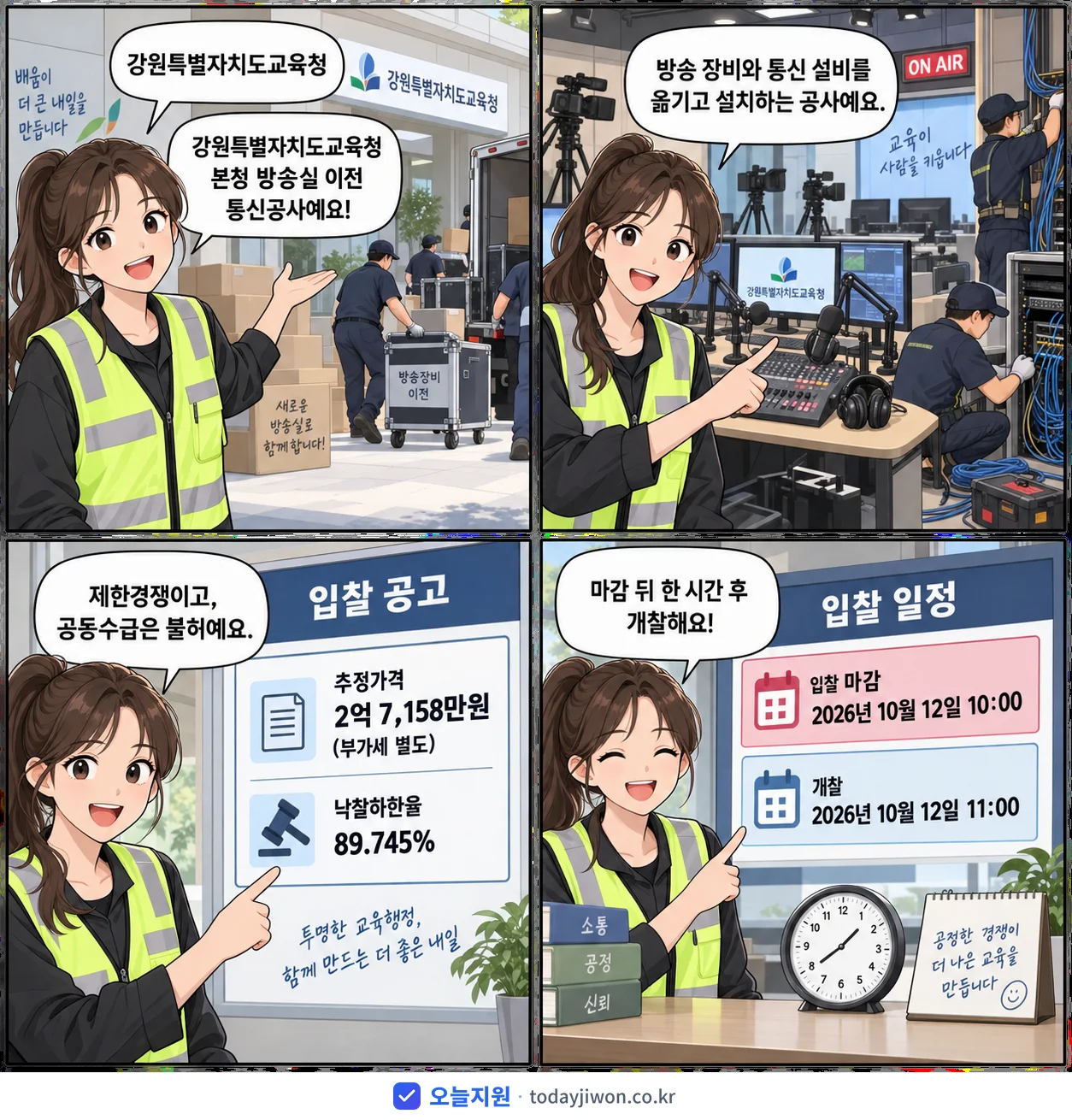 4컷 만화로 보는 공고: 강원특별자치도교육청 '강원특별자치도교육청 본청 방송실 이전 통신공사', 추정가격 2억 7,158만원, 입찰 마감 10/12 10:00