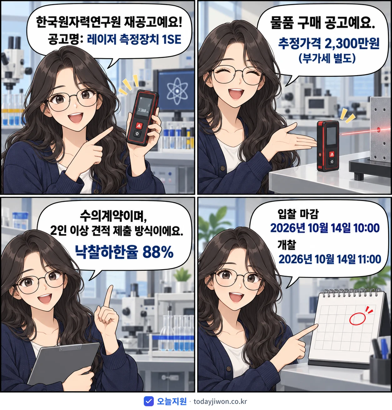 4컷 만화로 보는 공고: 한국원자력연구원 '레이저 측정장치 1SE', 추정가격 2,300만원, 입찰 마감 10/14 10:00