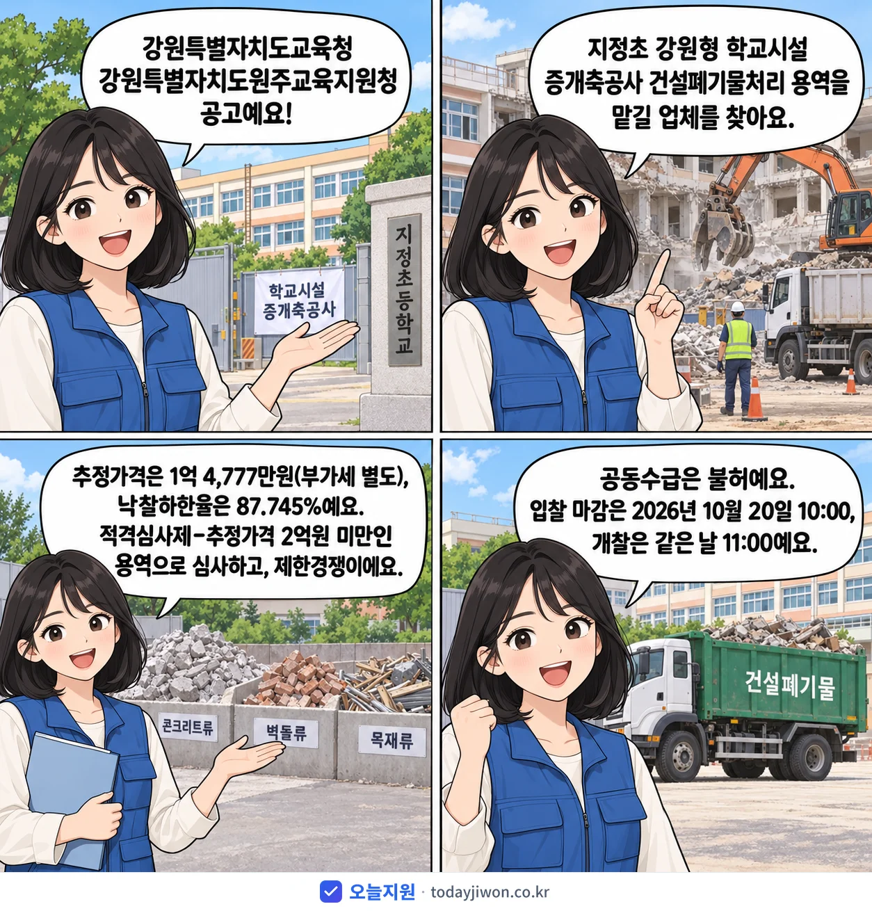 4컷 만화로 보는 공고: 강원특별자치도교육청 강원특별자치도원주교육지원청 '지정초 강원형 학교시설 증개축공사 건설폐기물처리 용역', 추정가격 1억 4,777만원, 입찰 마감 10/20 10:00