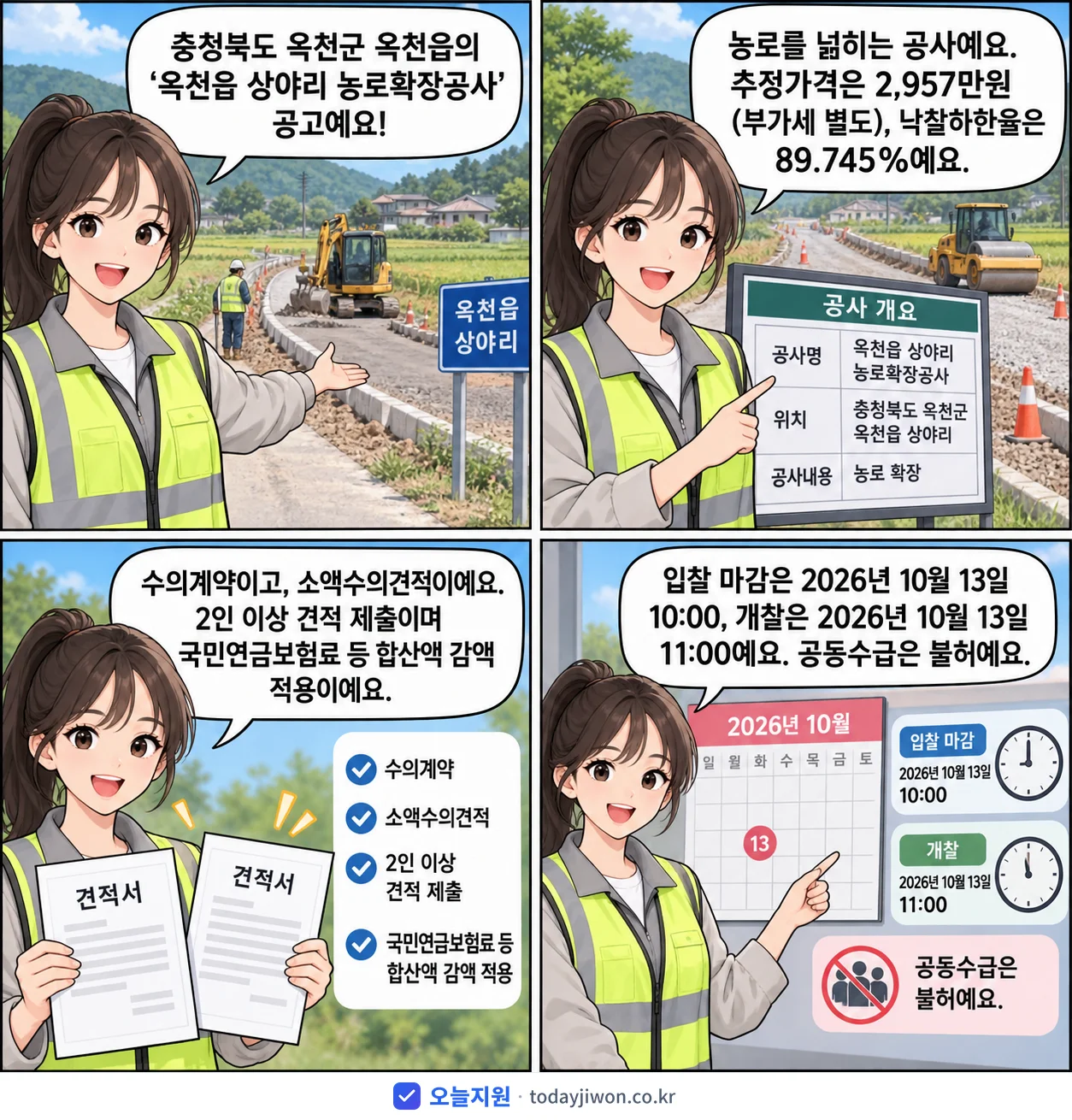 4컷 만화로 보는 공고: 충청북도 옥천군 옥천읍 '옥천읍 상야리 농로확장공사', 추정가격 2,957만원, 입찰 마감 10/13 10:00