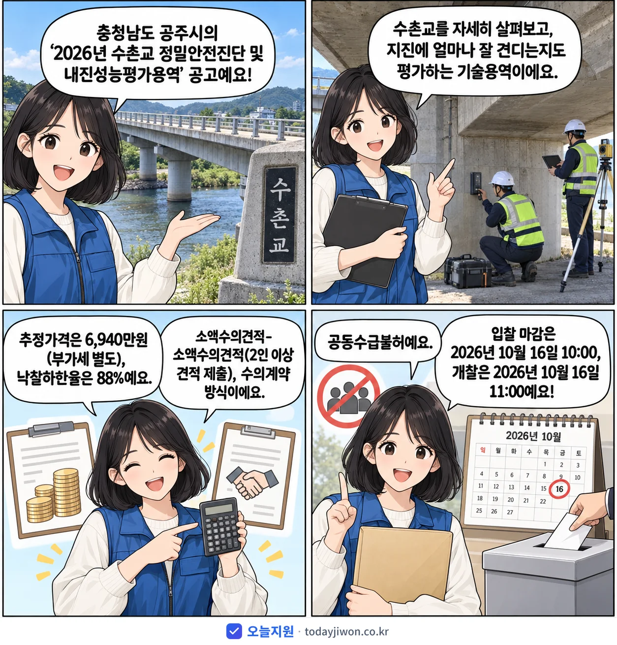 4컷 만화로 보는 공고: 충청남도 공주시 '수촌교 정밀안전진단 및 내진성능평가용역', 추정가격 6,940만원, 입찰 마감 10/16 10:00