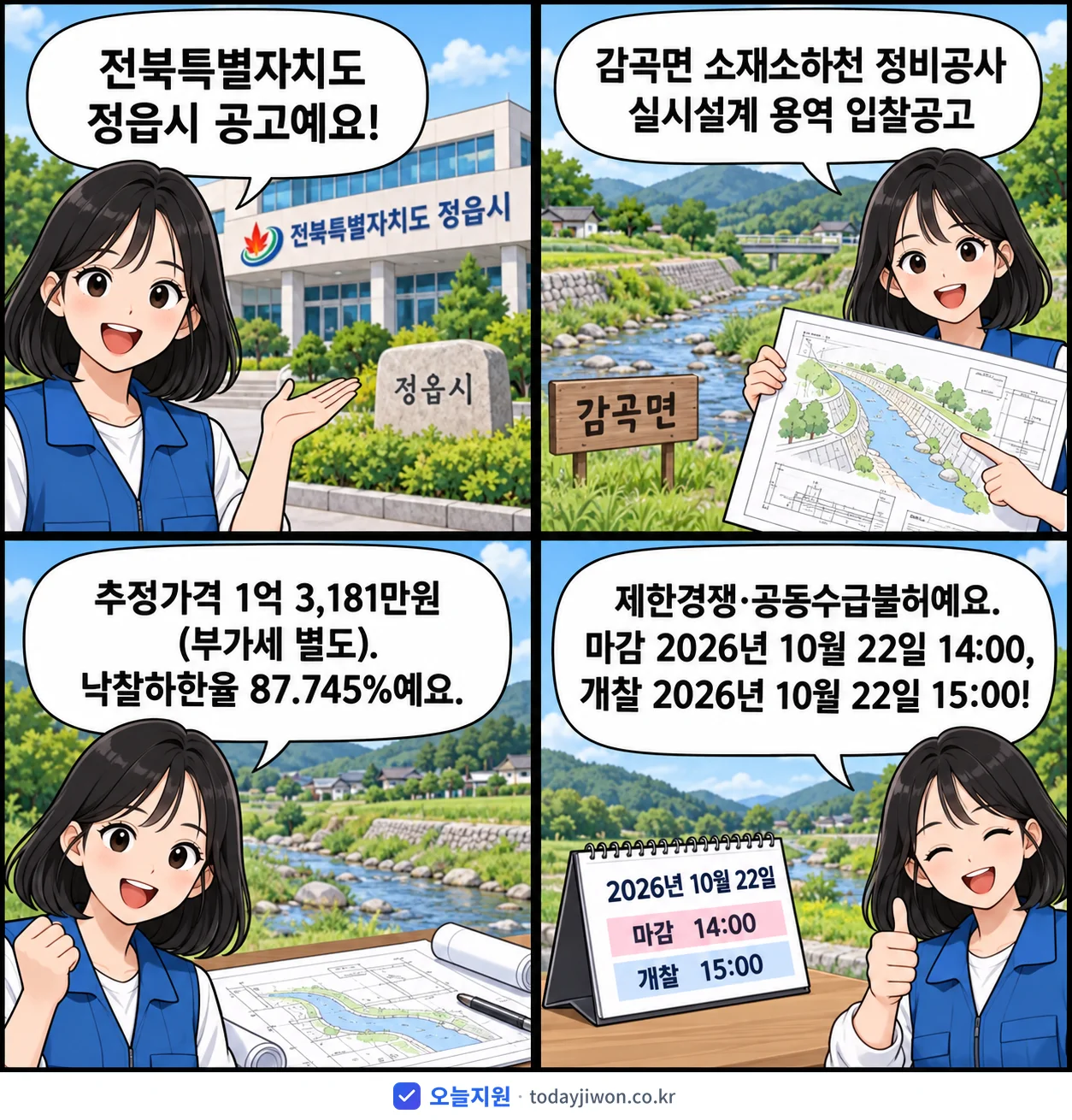 4컷 만화로 보는 공고: 전북특별자치도 정읍시 '감곡면 소재소하천 정비공사 실시설계 용역 입찰공고', 추정가격 1억 3,181만원, 입찰 마감 10/22 14:00