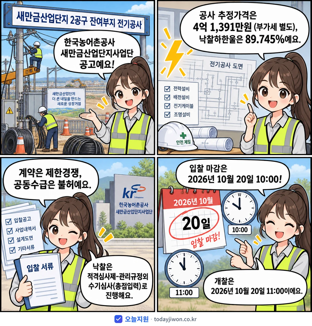 4컷 만화로 보는 공고: 한국농어촌공사 새만금산업단지사업단 '새만금산업단지 2공구 잔여부지 전기공사', 추정가격 4억 1,391만원, 입찰 마감 10/20 10:00