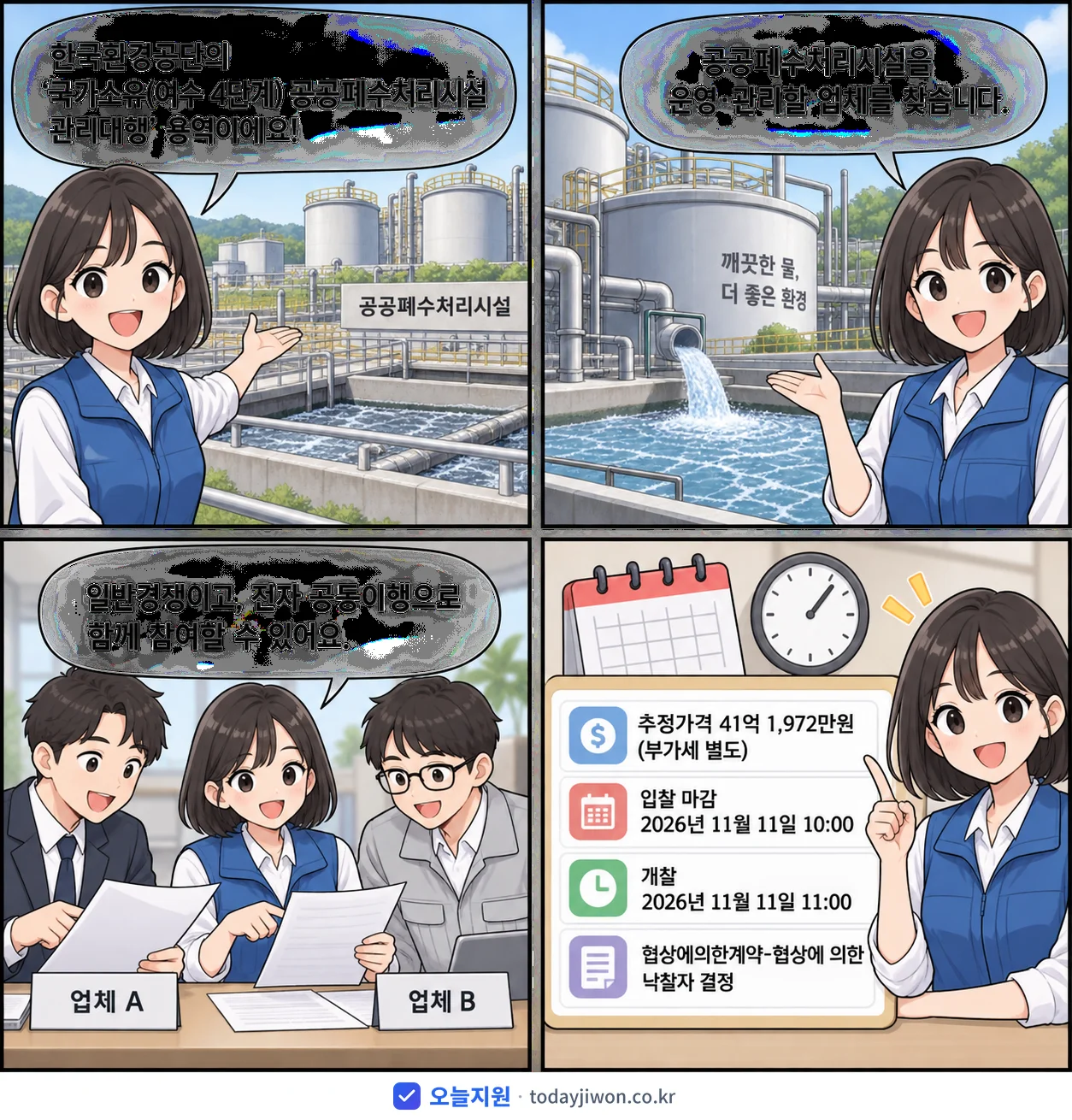 4컷 만화로 보는 공고: 한국환경공단 '국가소유(여수 4단계) 공공폐수처리시설 관리대행', 추정가격 41억 1,972만원, 입찰 마감 11/11 10:00