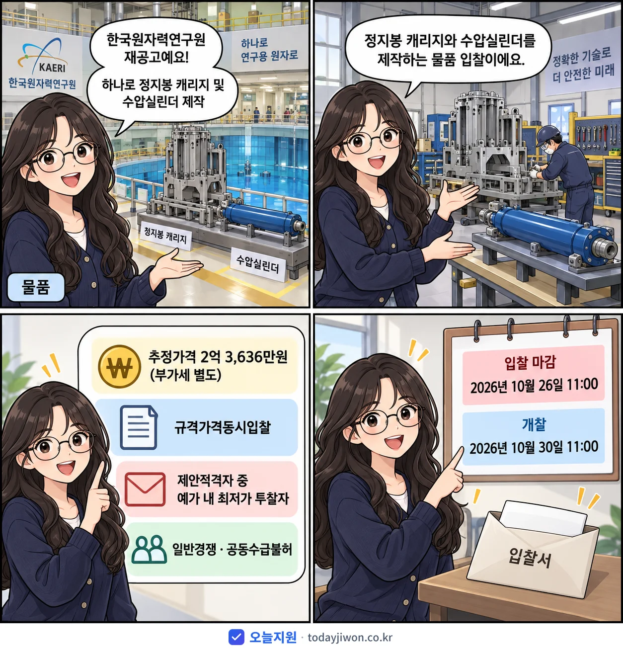4컷 만화로 보는 공고: 한국원자력연구원 '하나로 정지봉 캐리지 및 수압실린더 제작', 추정가격 2억 3,636만원, 입찰 마감 10/26 11:00
